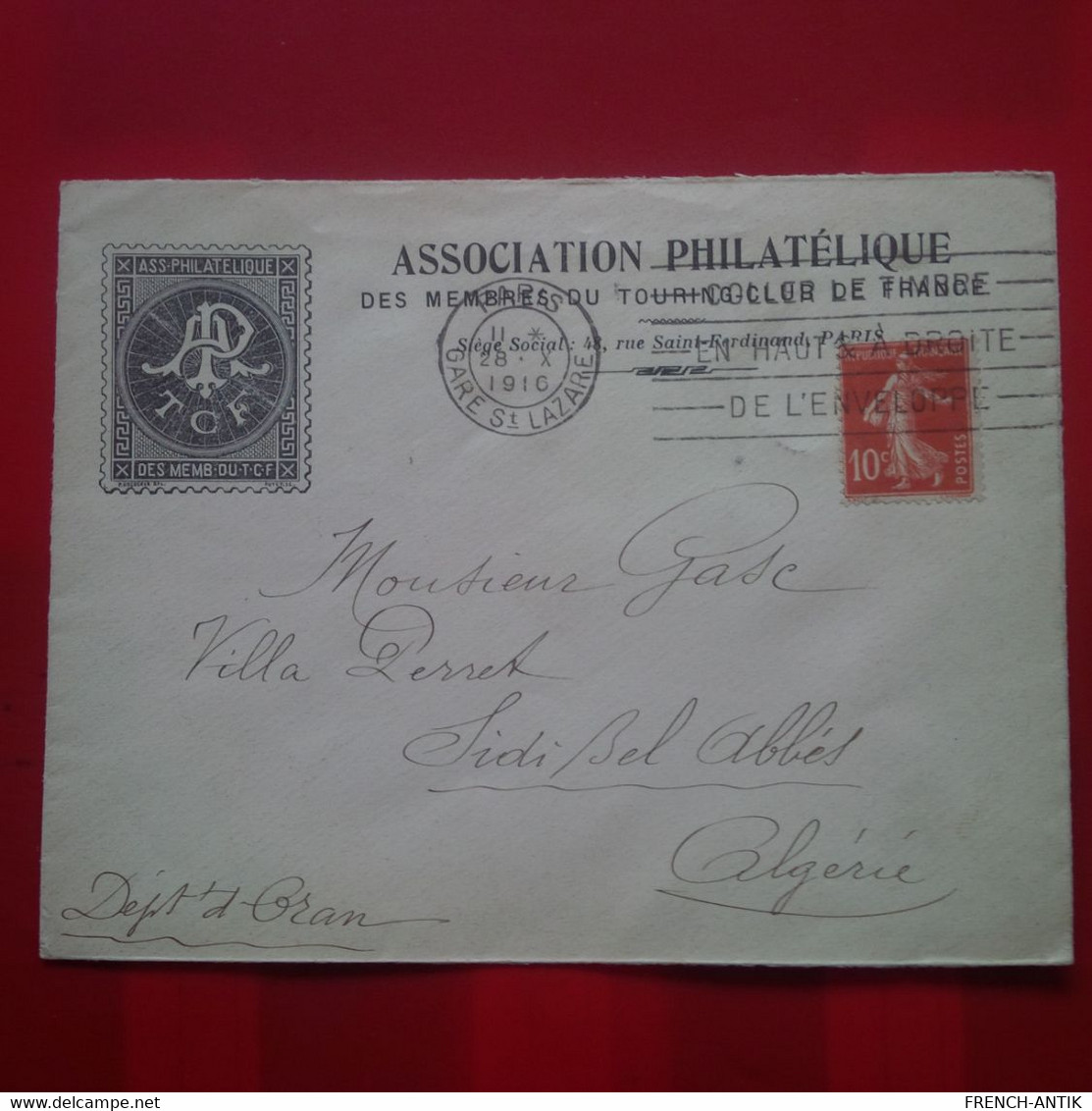 LETTRE PARIS ASSOCIATION PHILATELIQUE POUR ALGERIE SIDI BEL ABBES - 1921-1960: Modern Period