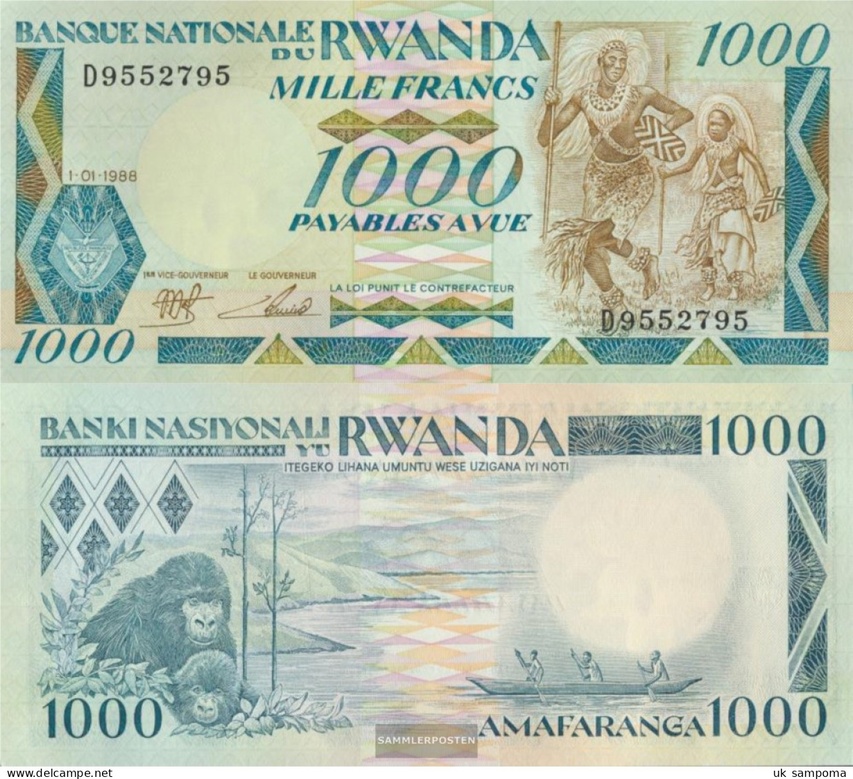 Rwanda Pick-number: 21a (1988) Uncirculated 1988 1.000 Francs - Rwanda