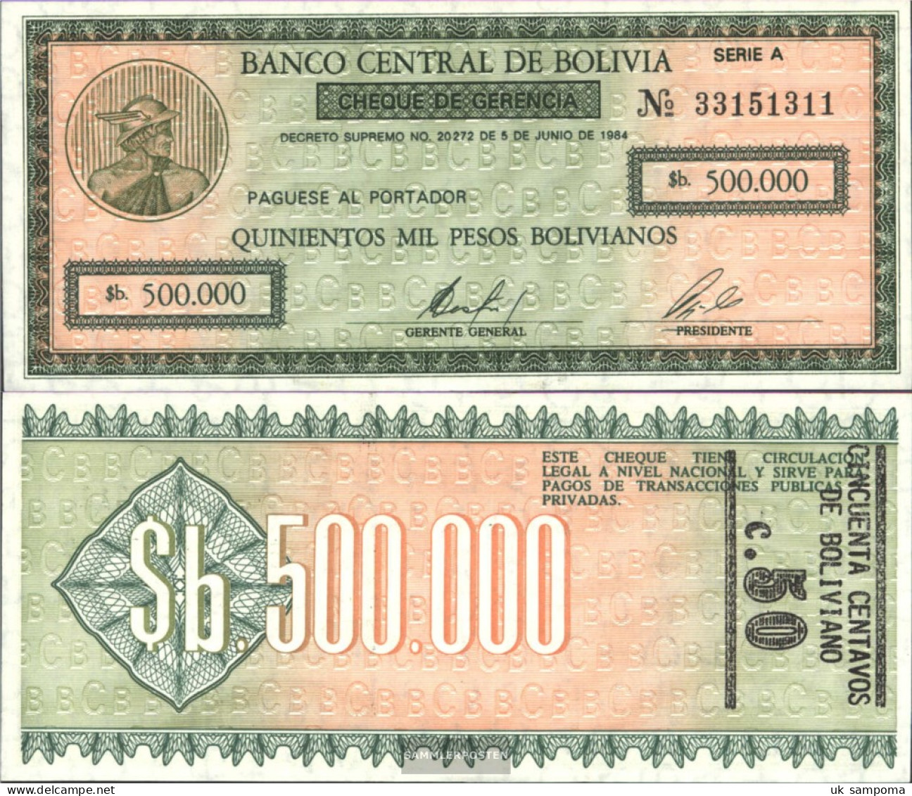 Bolivia Pick-number: 198 Uncirculated 1987 50 Centavos On 500.000 Pesos B - Bolivie
