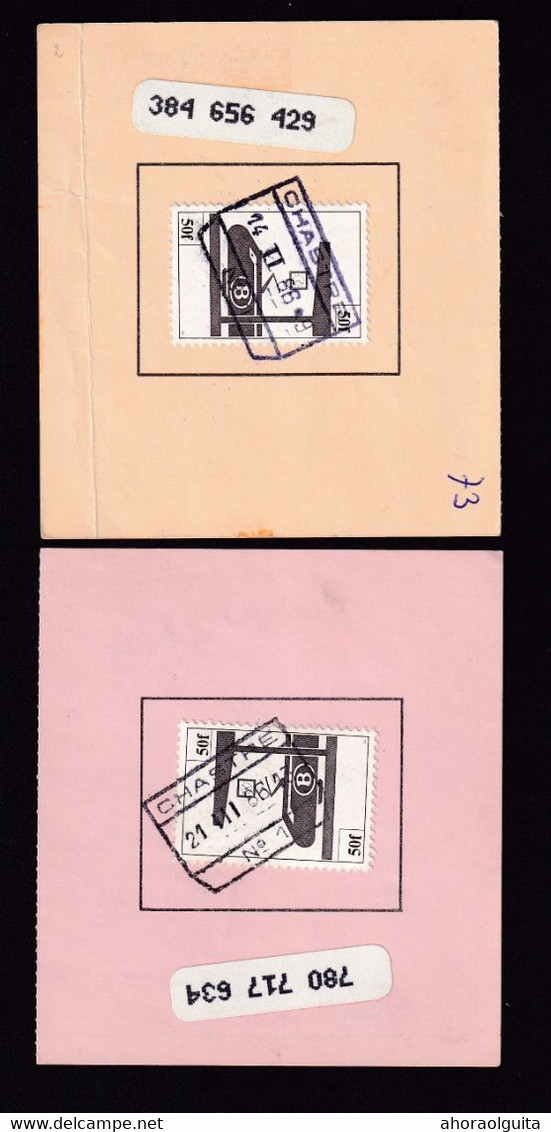 945/36 -- BRABANT WALLON - 2 Coupons Timbres CdF Cachet De Gare CHASTRE 1986 En Noir Et Violet - Autres & Non Classés