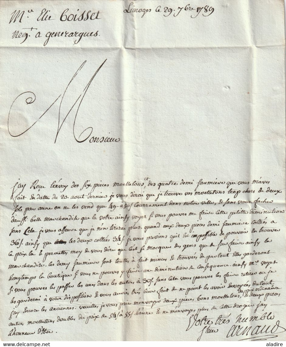 1789 - Marque postale LIMOGES en rouge sur Lettre pliée avec corrrespondance vers Generargues par Anduze