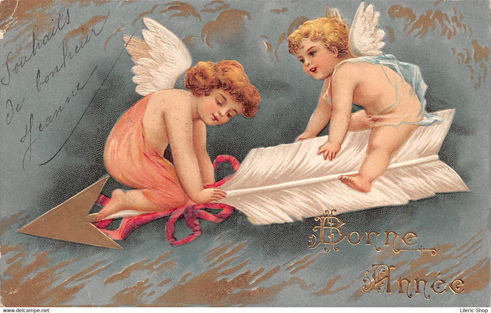 Carte Gaufrée De Bonne Année Avec Dorure - Anges Sur Une Flèche - Style Clapsaddle Cpa 1904 ( ͡◕ . ͡◕) ♣ - Engel