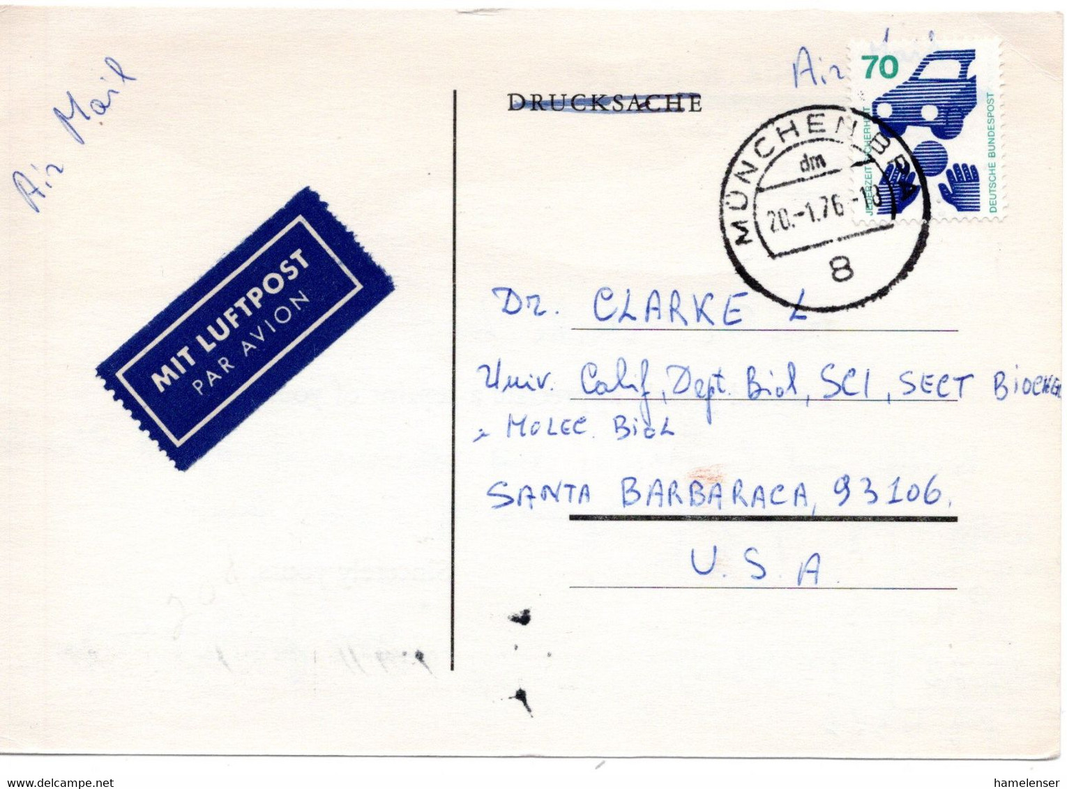 58934 - Bund - 1976 - 70Pfg Unfall EF A LpKte MUENCHEN BPA -> Santa Barbara, CA (USA) - Covers & Documents