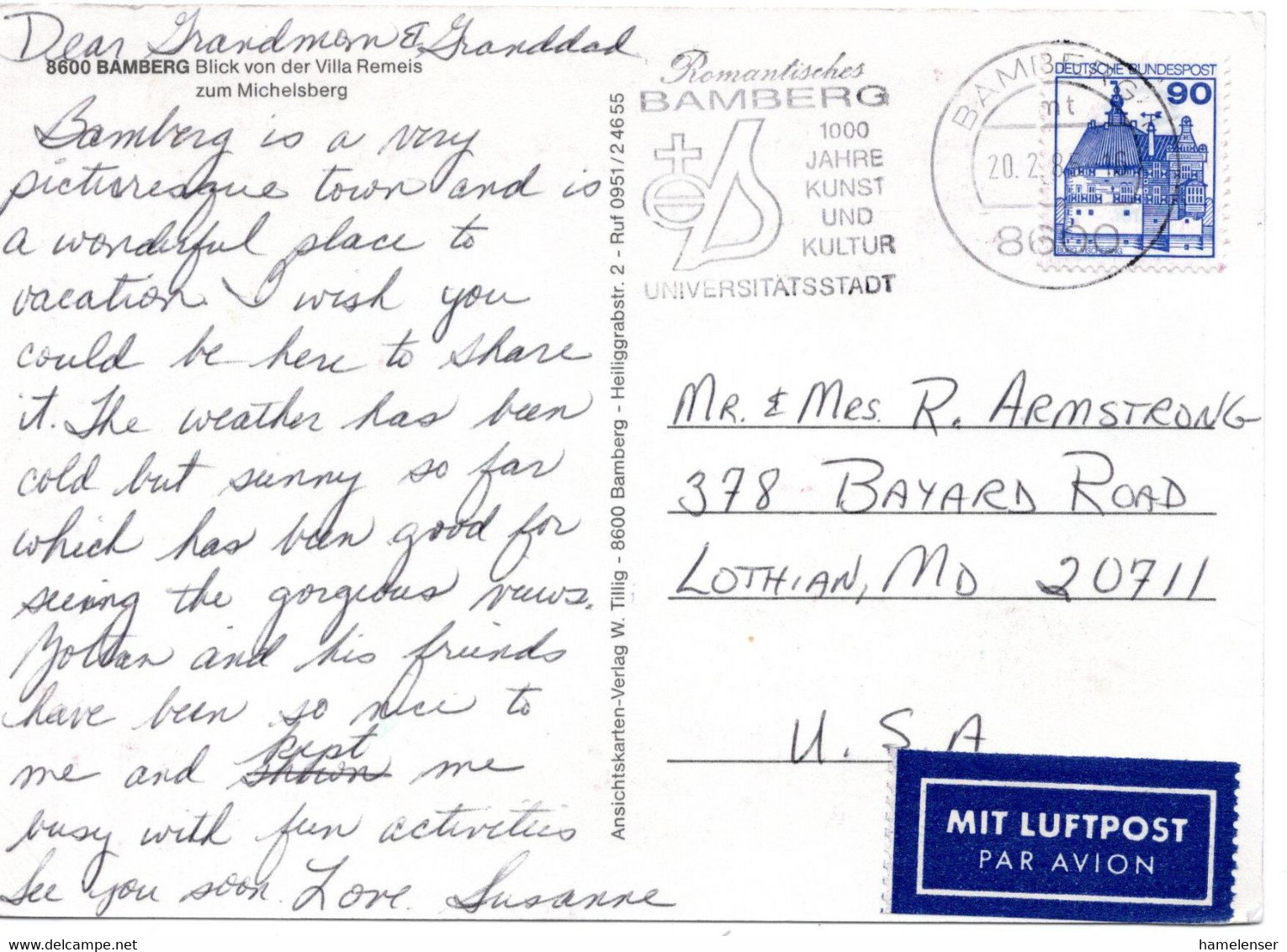 58939 - Bund - 1985 - 90Pfg B&S EF A LpAnsKte BAMBERG - ROMANTISCHES BAMBERG ... -> Lothian, MD (USA) - Lettres & Documents