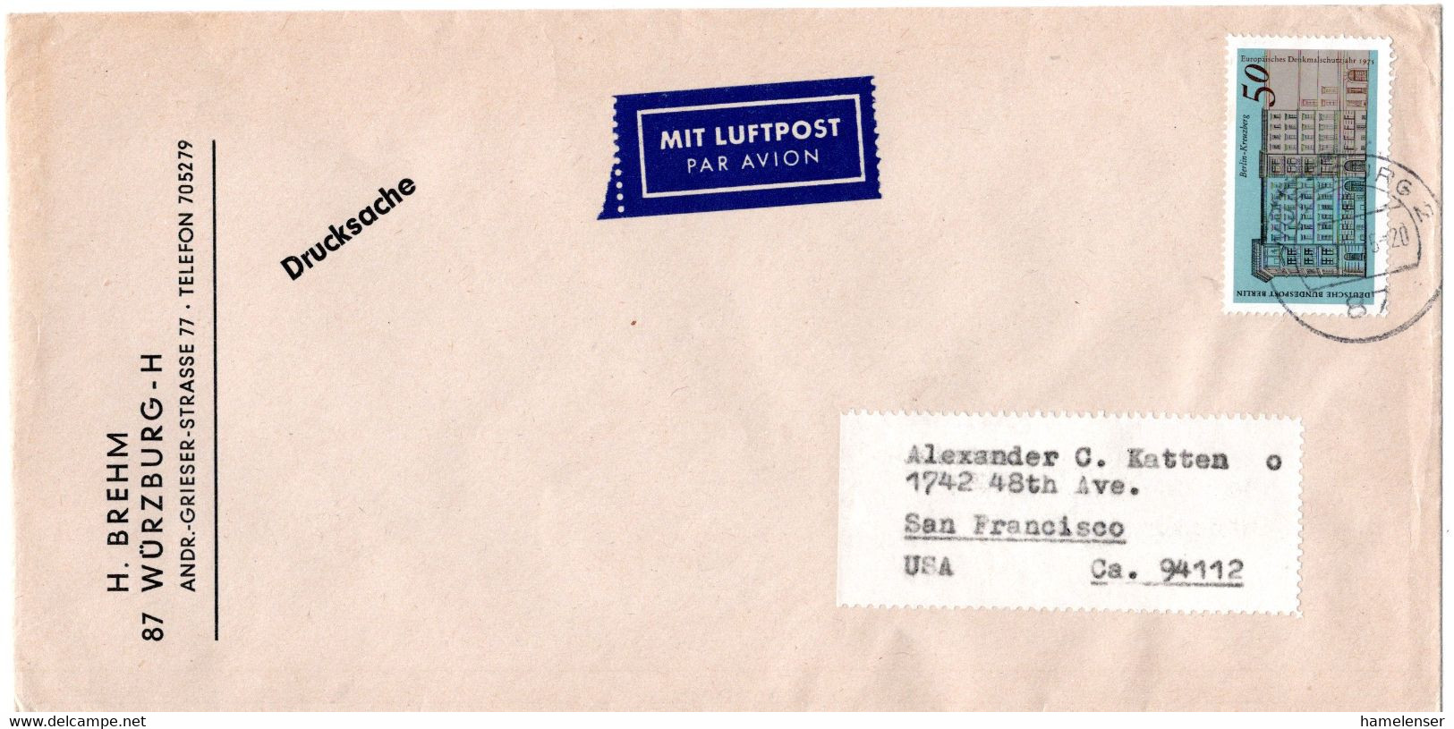 L58941 - Berlin - 1975 - 50Pfg Denkmalschutzjahr EF A LpDrucksBf WUERZBURG -> San Francisco, CA (USA) - Lettres & Documents