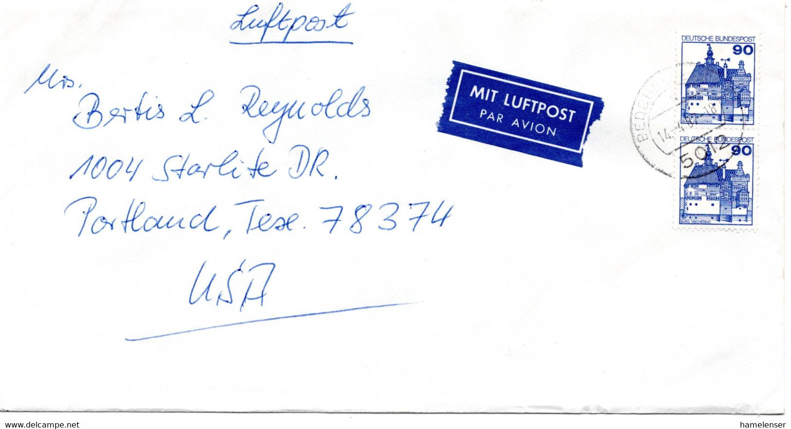 58948 - Bund - 1987 - 2@90Pfg B&S A LpBf BEDBURG -> Portland, TX (USA) - Lettres & Documents
