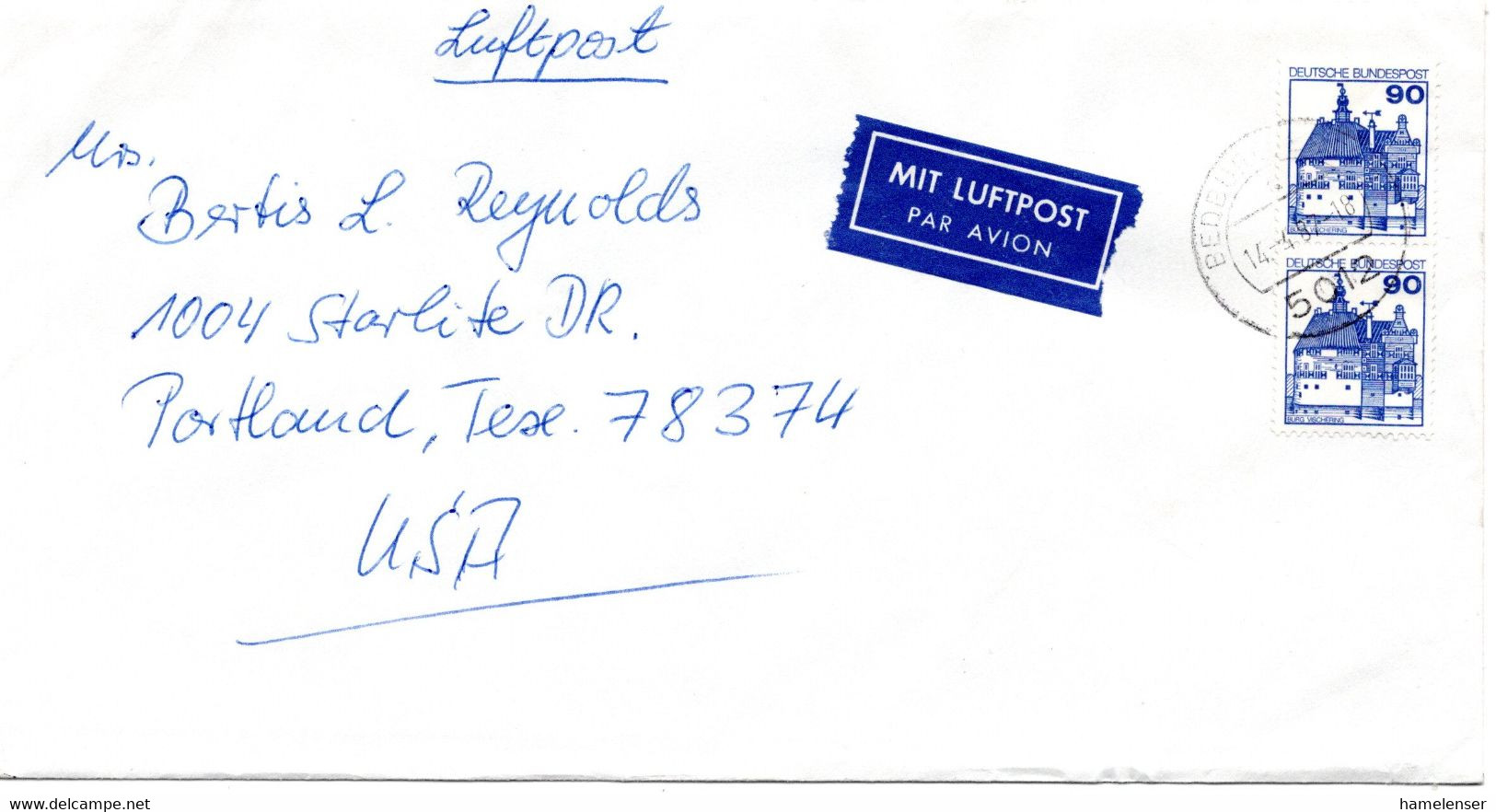 58948 - Bund - 1987 - 2@90Pfg B&S A LpBf BEDBURG -> Portland, TX (USA) - Covers & Documents