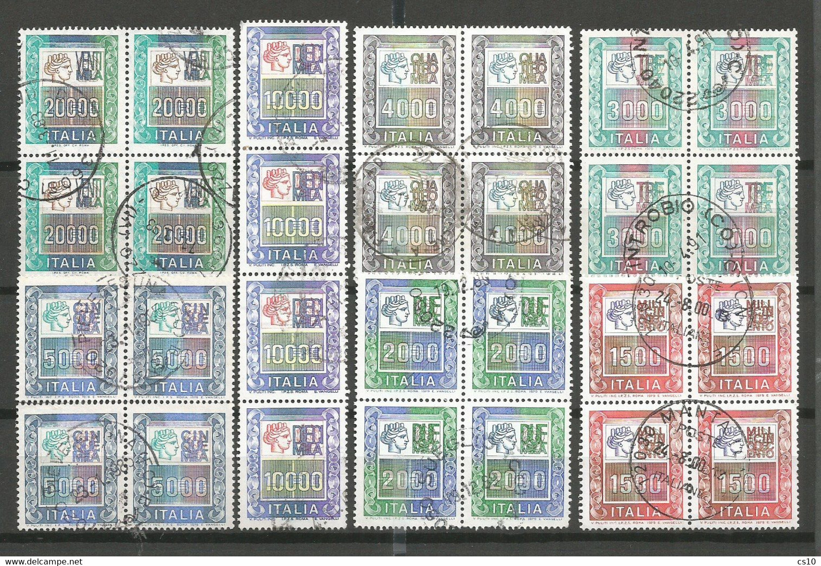 Italia 1977 / 1987 AAVV Alti Valori Cifra High Values Numbers - Serie Cpl 7v Set In #7 BLOCCHI Di4 - BLOCKS4 - Lotti E Collezioni