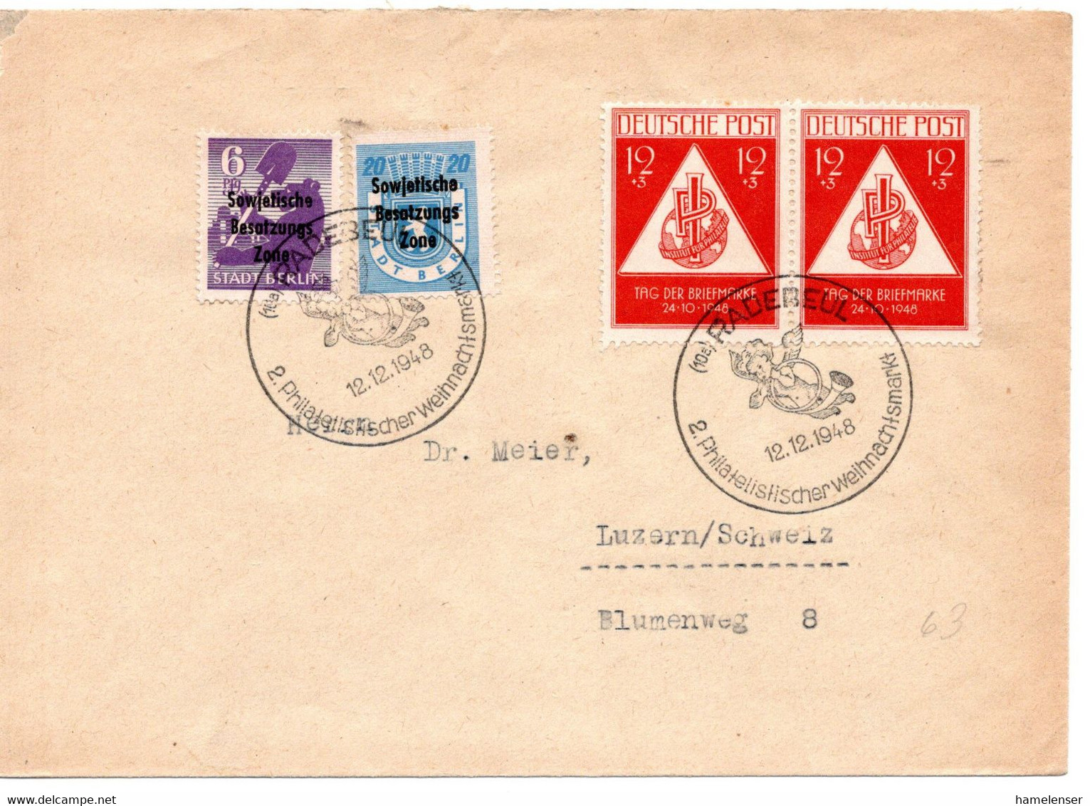 58952 - SBZ - 1948 - 2@12Pfg Tag Der Briefmarke MiF A Bf RADEBEUL - ... WEIHNACHTSMARKT -> Schweiz - Andere & Zonder Classificatie