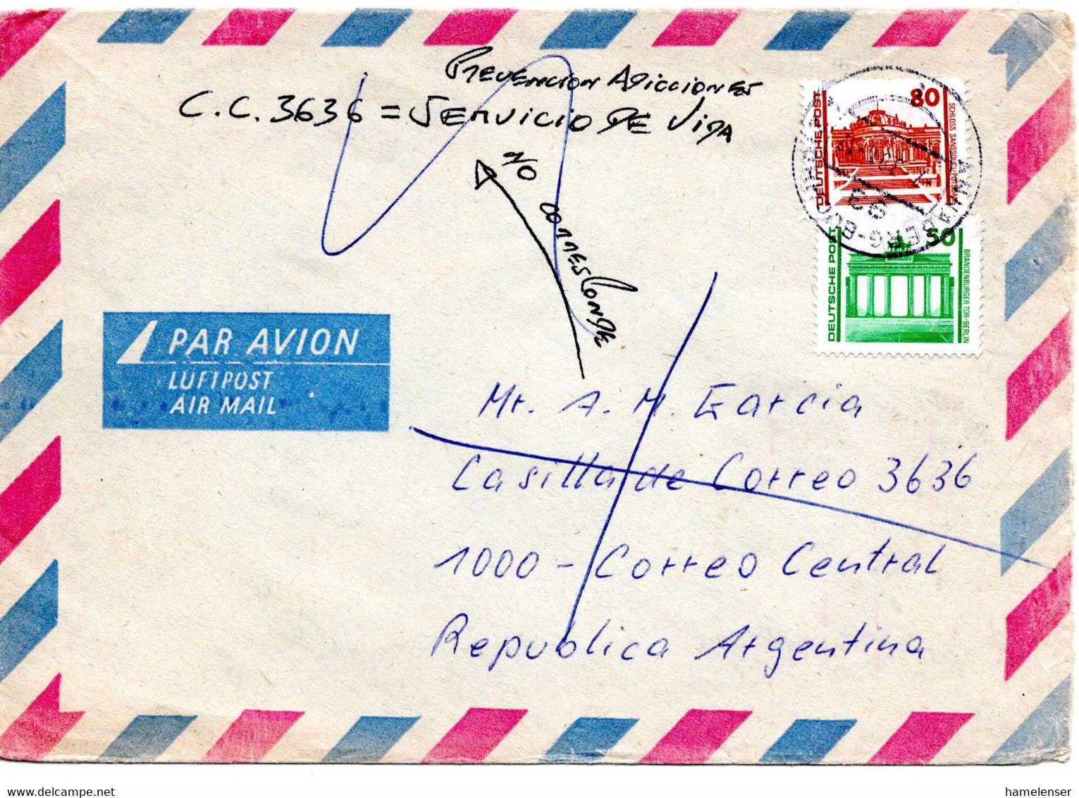 58956 - DDR - 1991 - 80Pfg DM-West MiF A LpBf ANNABERG-BUCHHOLZ -> Argentinien, Ohne Stpl Zurueck - Covers & Documents