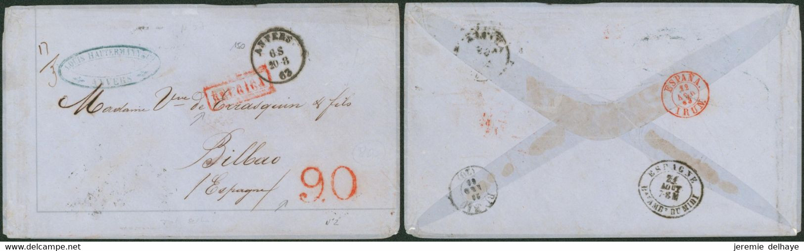 L. Non Affranch. Pesante (17g, 3 Ports) Expédiée De Anvers 20/8/1863 > Bilbao (Espagne) + Griffe Rouge Encadrée BELGICA - Rural Post