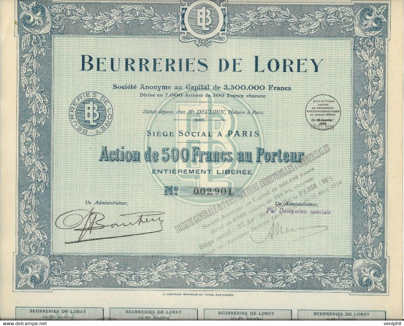 LOT DE 5 ACTIONS DE 500 FRS BEURRERIES DE LOREY (MEURTHE ET MOSELLE)) ANNEE 1930 - Landwirtschaft