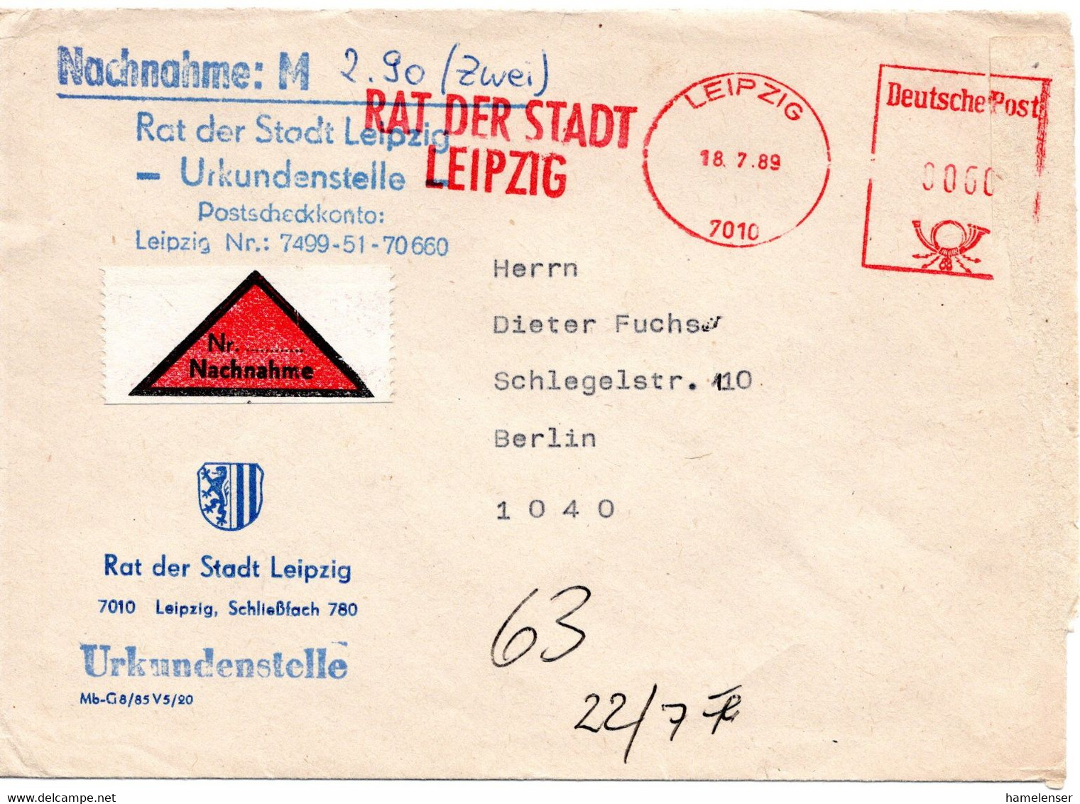 58964 - DDR - 1989 - 60Pfg AbsFreistpl A NN-Bf LEIPZIG - RAT DER STADT ... -> Berlin - Covers & Documents
