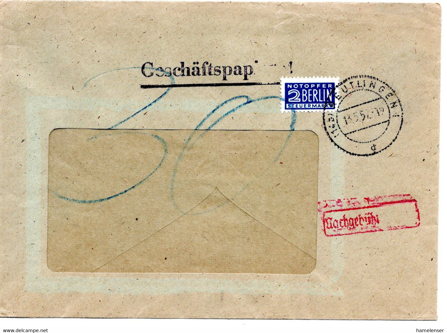 58966 - Bund - 1952 - Unfrank FensterBf REUTLINGEN, M. 30Pfg Nachgebuehr - Brieven En Documenten