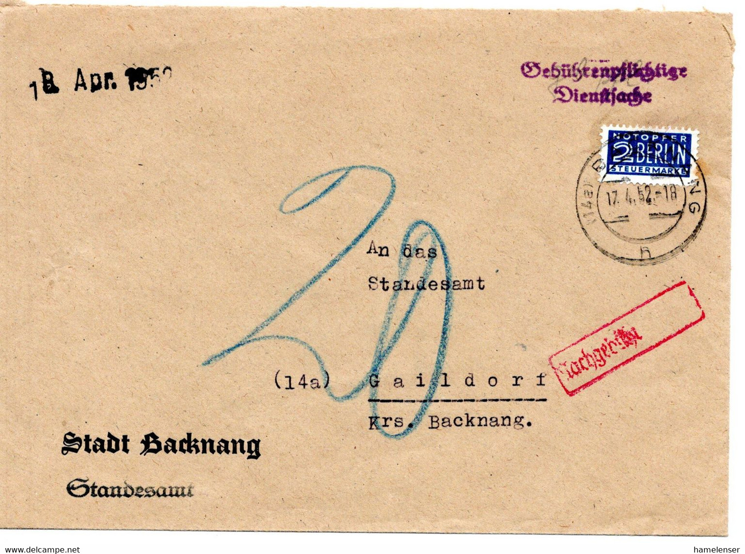 58967 - Bund - 1952 - Unfrank Bf BACKNANG -> Gaildorf, M. 20Pfg Nachgebuehr - Covers & Documents