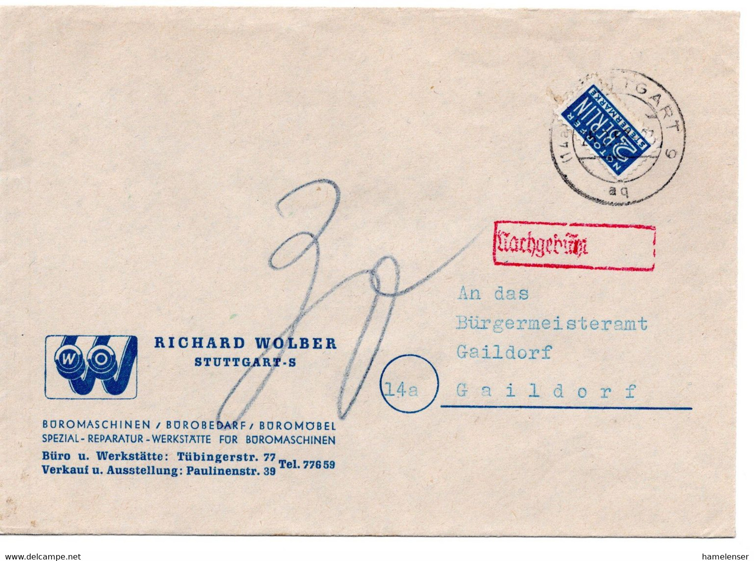 58968 - Bund - 1952 - Unfrank Bf STUTTGART -> Gaildorf, M. 30Pfg Nachgebuehr - Lettres & Documents