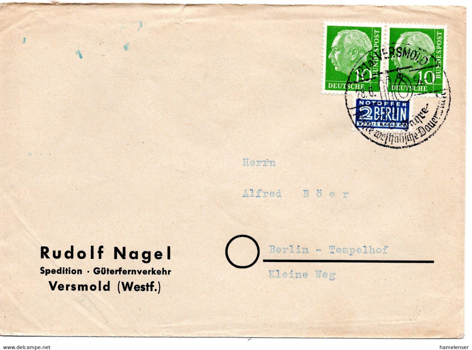 58973 - Bund - 1954 - 10Pfg Heuss I Waag Paar A Bf VERSMOLD -> Berlin - Covers & Documents