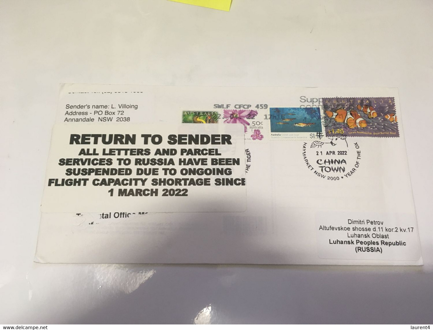 (5 H 31) AUSTRALIA Letter Posted To {Russia} Luhanks Peoples Republic ) RTS Due To Ukraine - Russia War - Briefe U. Dokumente