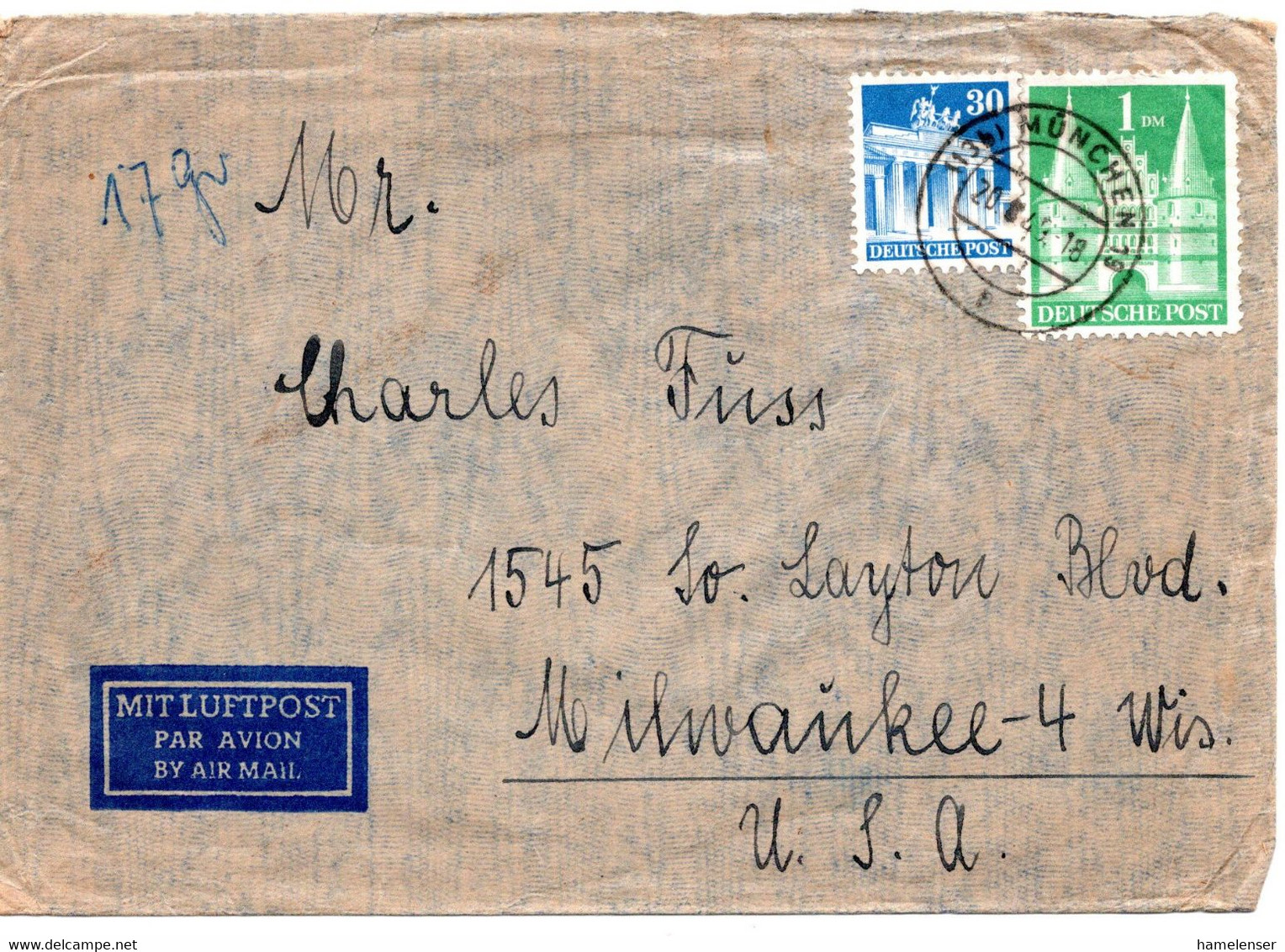 58978 - Bund - 1949 - 1DM Bauten MiF A LpBf MUENCHEN -> Milwaukee, WI (USA) - Otros & Sin Clasificación