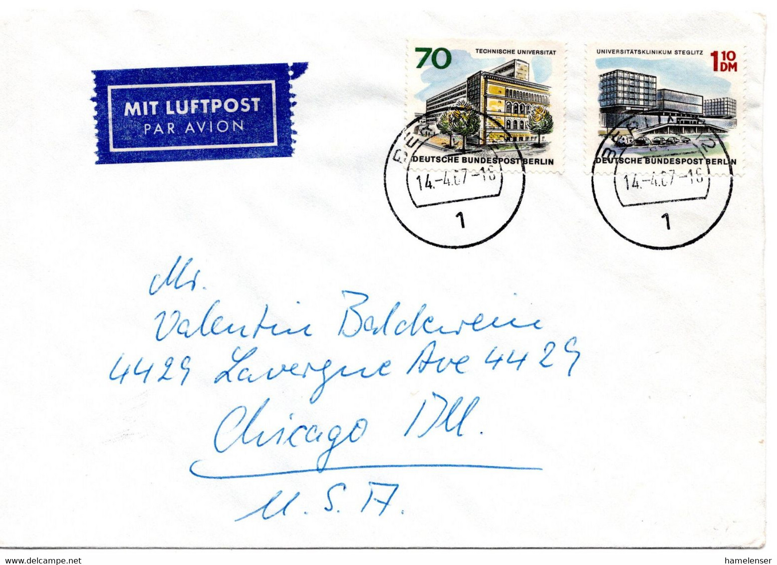 58980 - Berlin - 1967 - 1,10DM Neu-Berlin MiF A LpBf BERLIN -> Chicago, IL (USA) - Cartas & Documentos