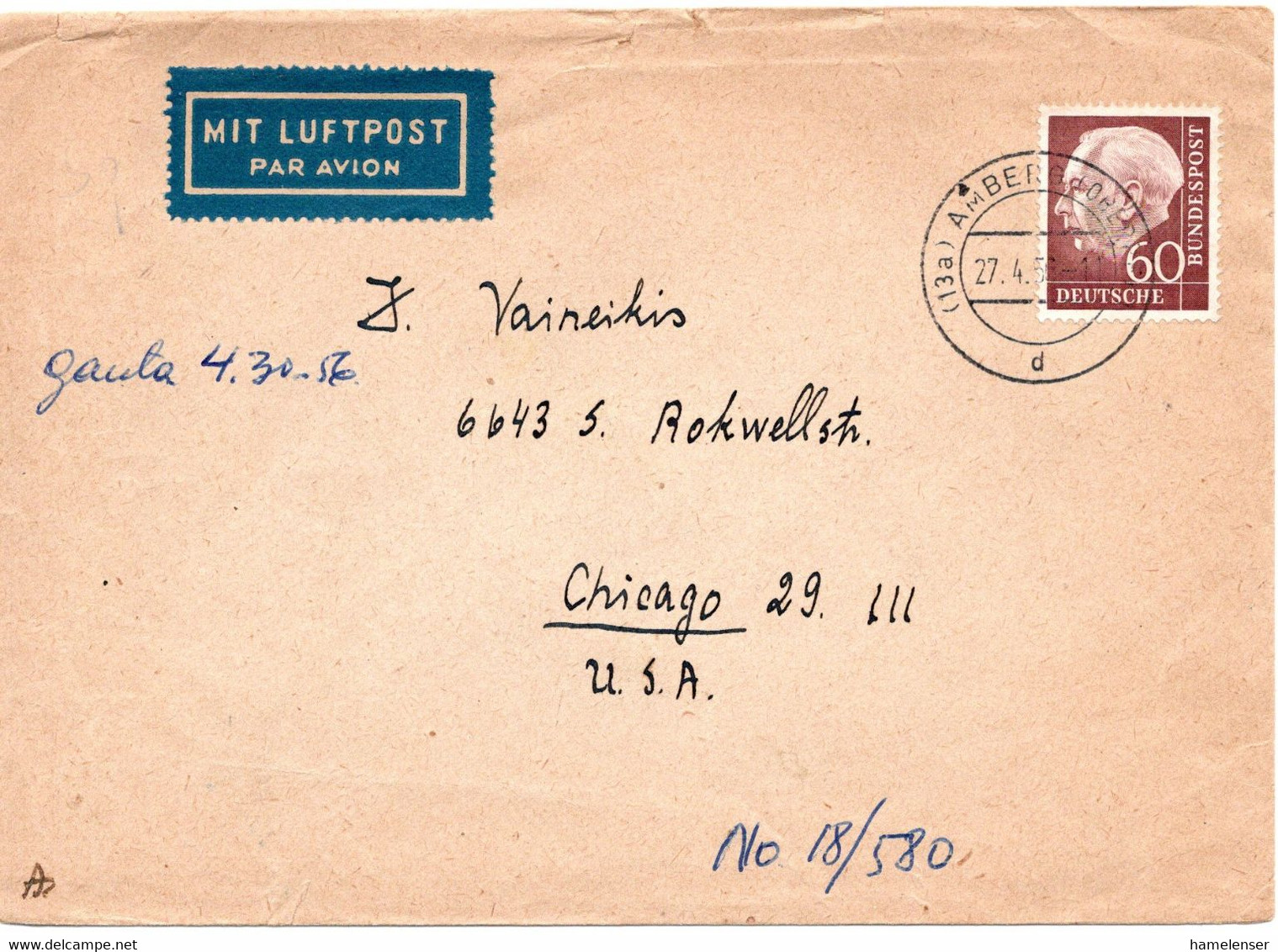 58981 - Bund - 1956 - 60Pfg Heuss I EF A LpBf AMBERG -> Chicago, IL (USA) - Storia Postale