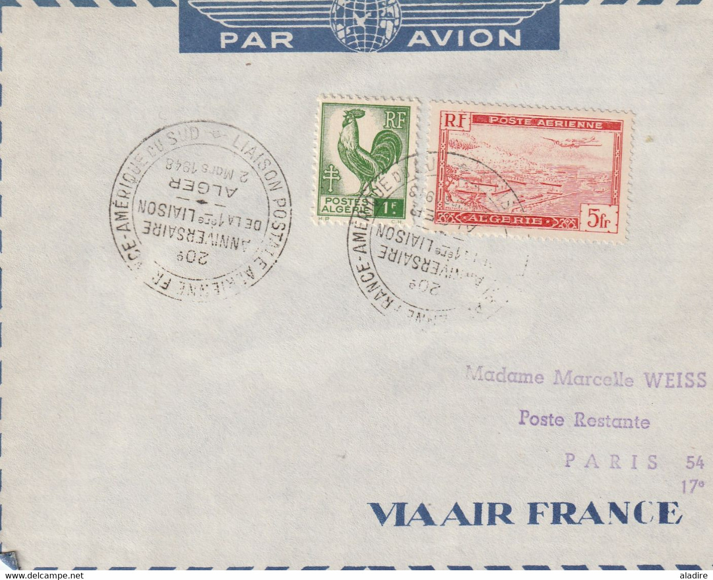 1948 - Oblitération Liaison Aérienne France-Amérique Du Sud Sur Enveloppe Par Avion Alger Paris - Covers & Documents