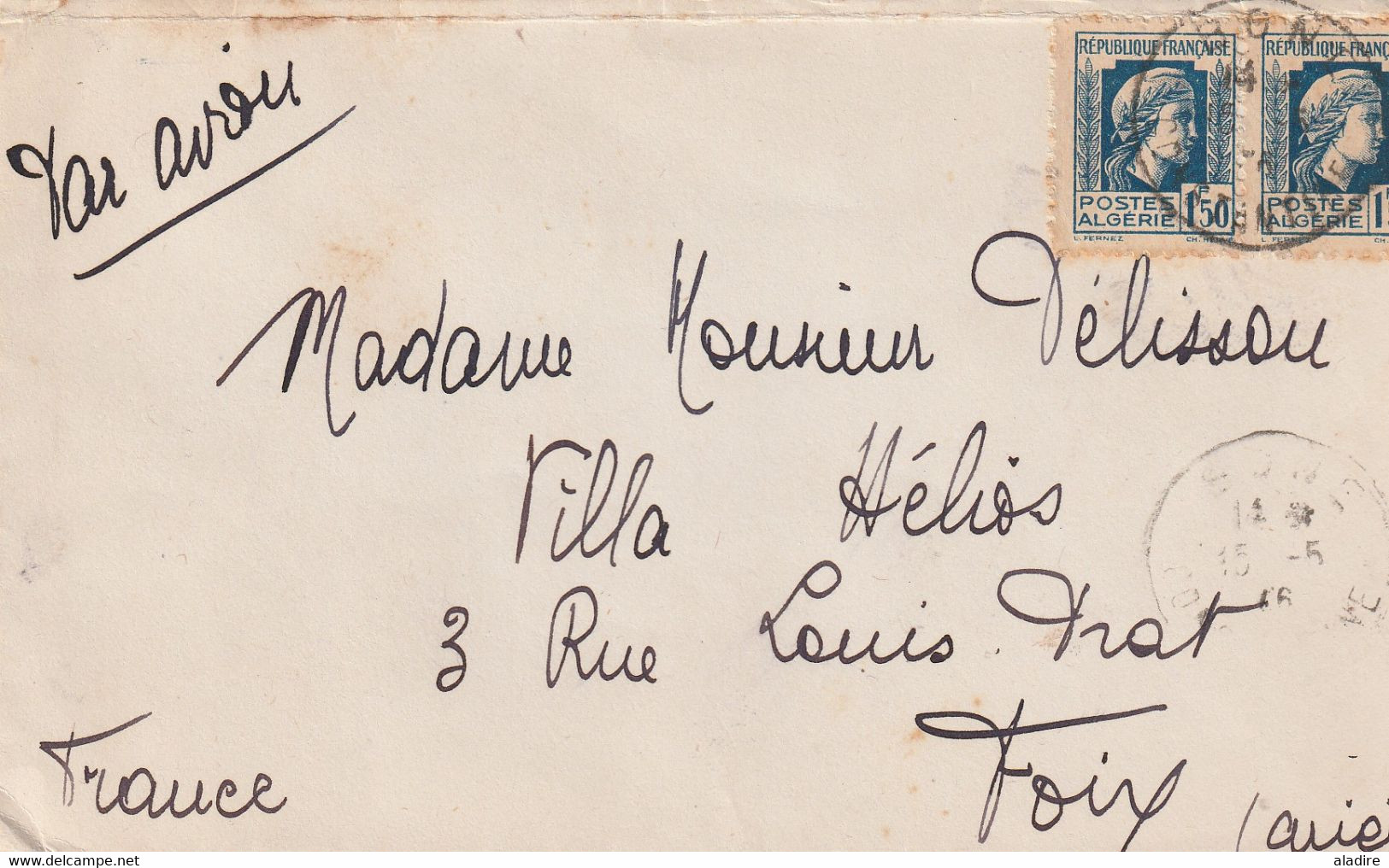 1946 - Enveloppe Par Avion De Bone, Auj. Annaba Vers Foix, Ariège - Affrt Paire De 1 F 50 - Lettres & Documents