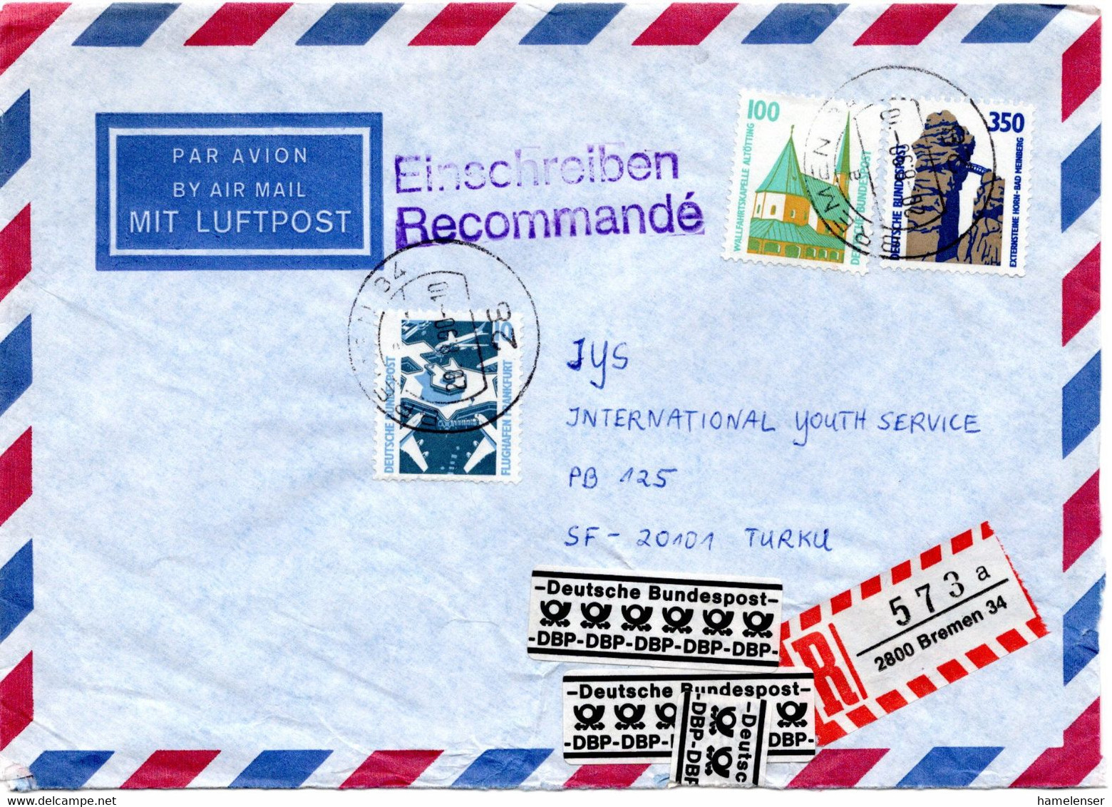 58982 - Bund - 1990 - 350Pfg SWK MiF A R-LpBf BREMEN -> Finnland, In Deutschland Beschaedigt & Amtlich Verschlossen - Storia Postale