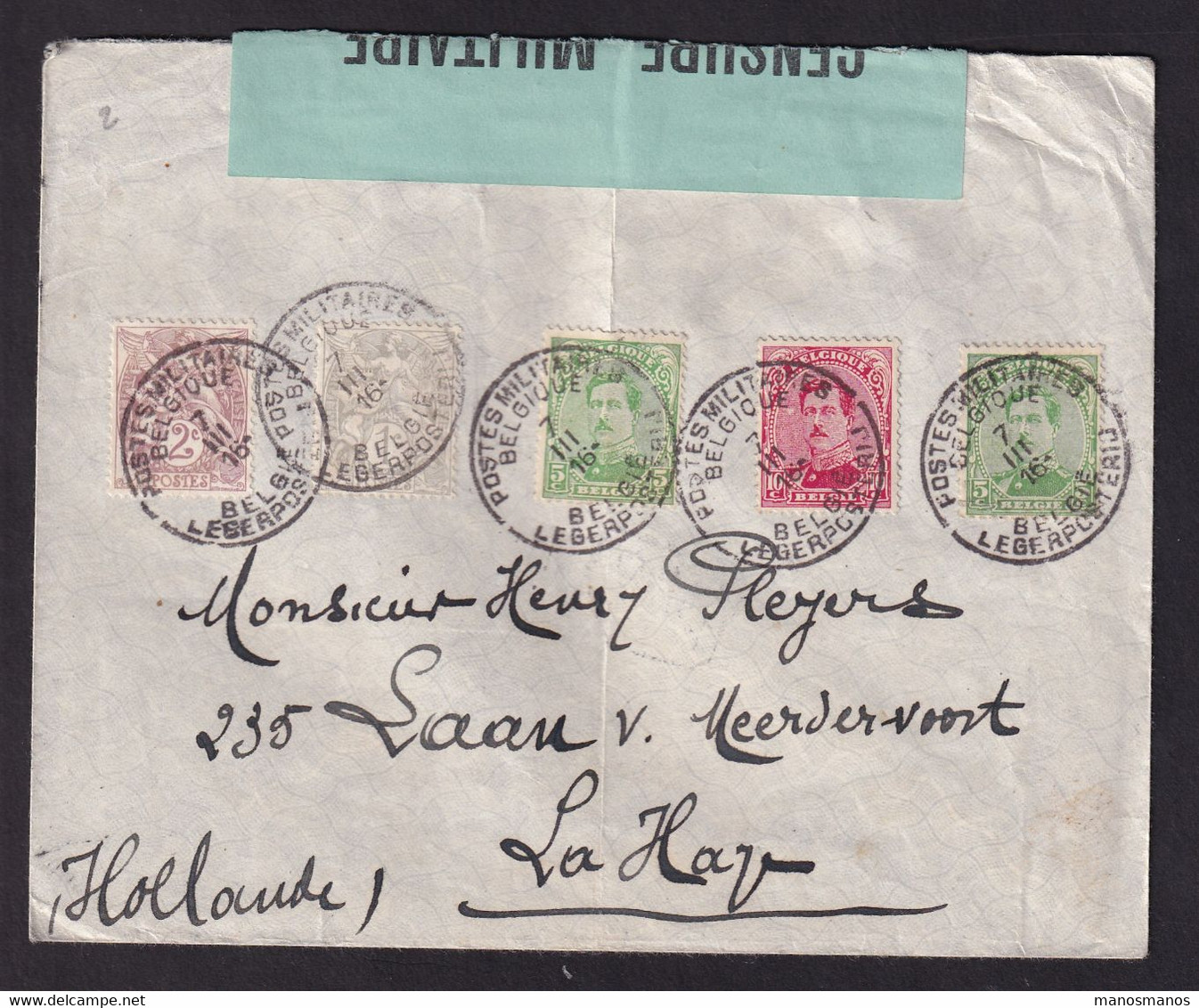 DDBB 917 - Enveloppe Postes Militaires Belges 1916 - Affranchissement MIXTE TP Belges Et Type Blanc De France à LA HAYE - Esercito Belga