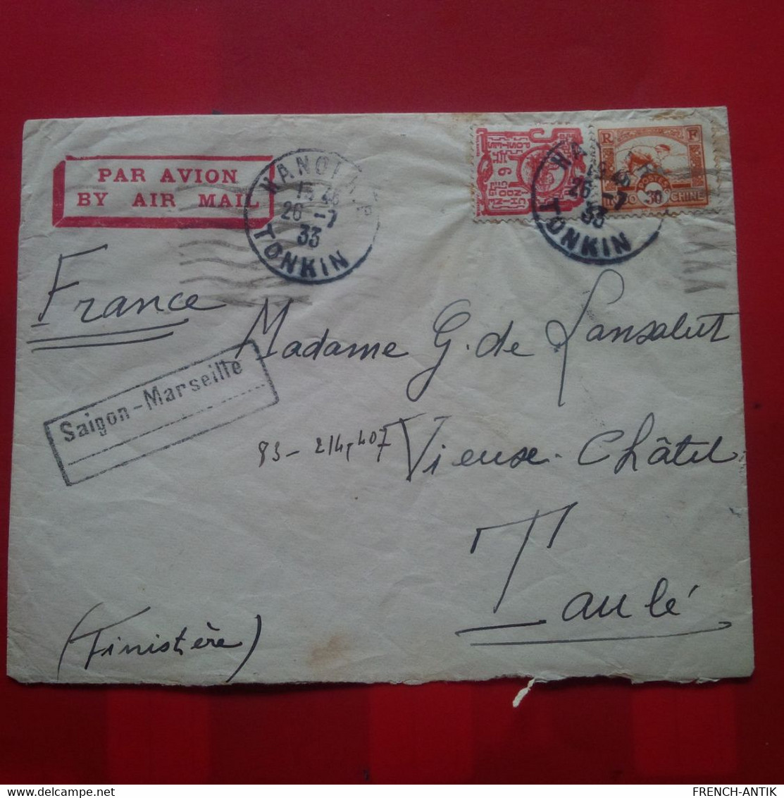 LETTRE HANOI POUR TAULE FINISTERE CACHET SAIGON MARSEILLE 1933 - Lettres & Documents