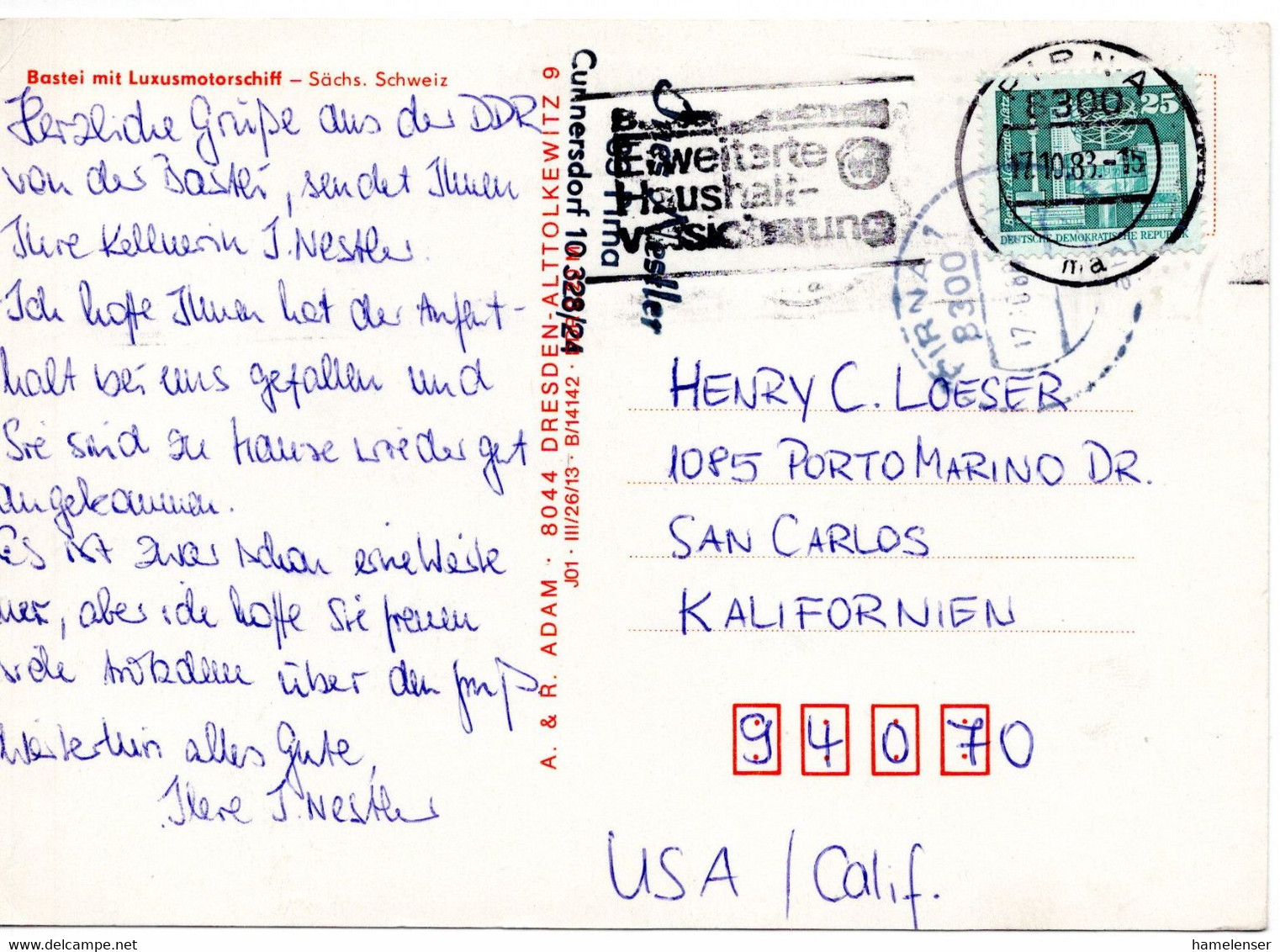 58984 - DDR - 1988 - 25Pfg Kl.Bauten EF A AnsKte PIRNA -> San Carlos, CA (USA) - Lettres & Documents