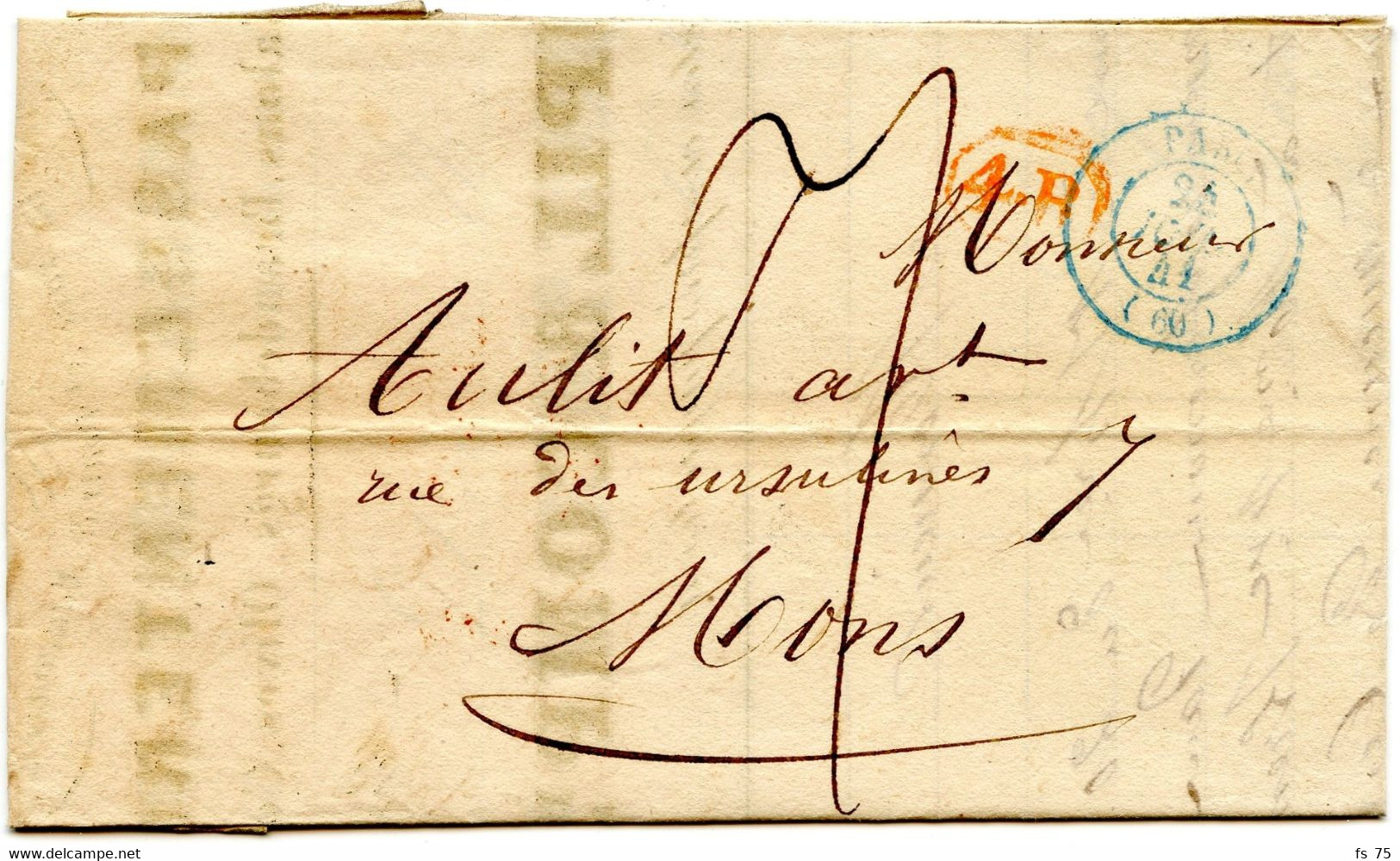 BELGIQUE - GRAND TAD FRANCE PAR QUIEVRAIN AU VERSO D'UNE LETTRE AVEC CORRESPONDANCE, 1841 - Transit Offices