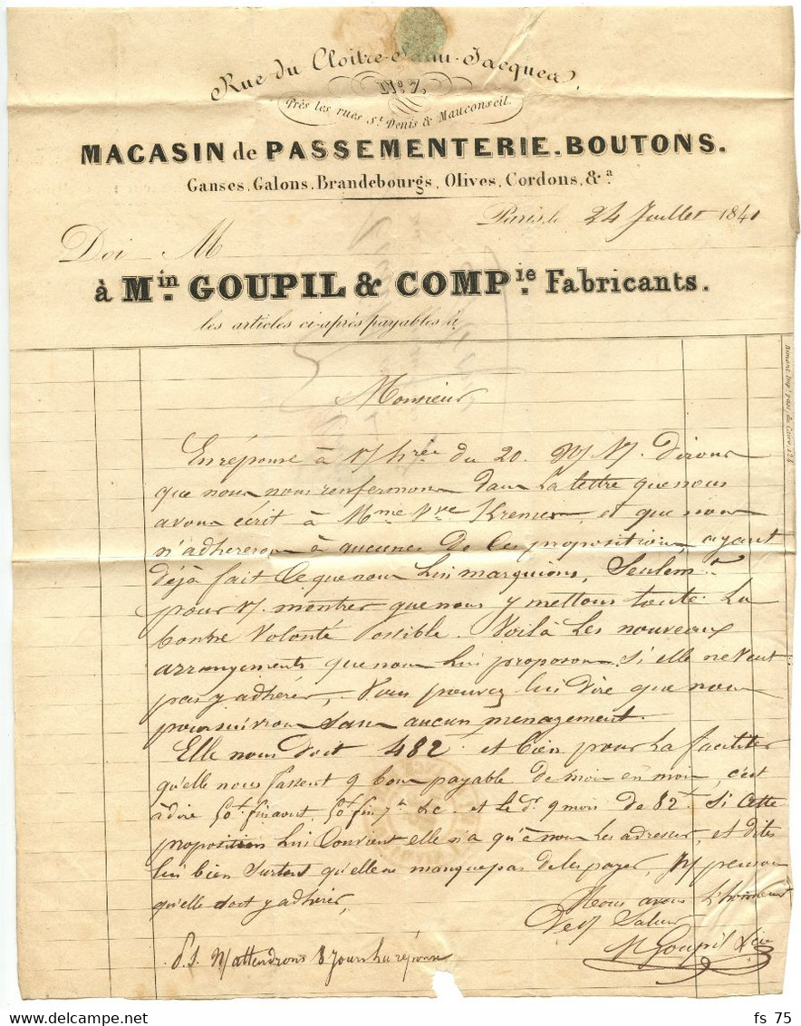 BELGIQUE - GRAND TAD FRANCE PAR QUIEVRAIN AU VERSO D'UNE LETTRE AVEC CORRESPONDANCE, 1841 - Doorgangstempels