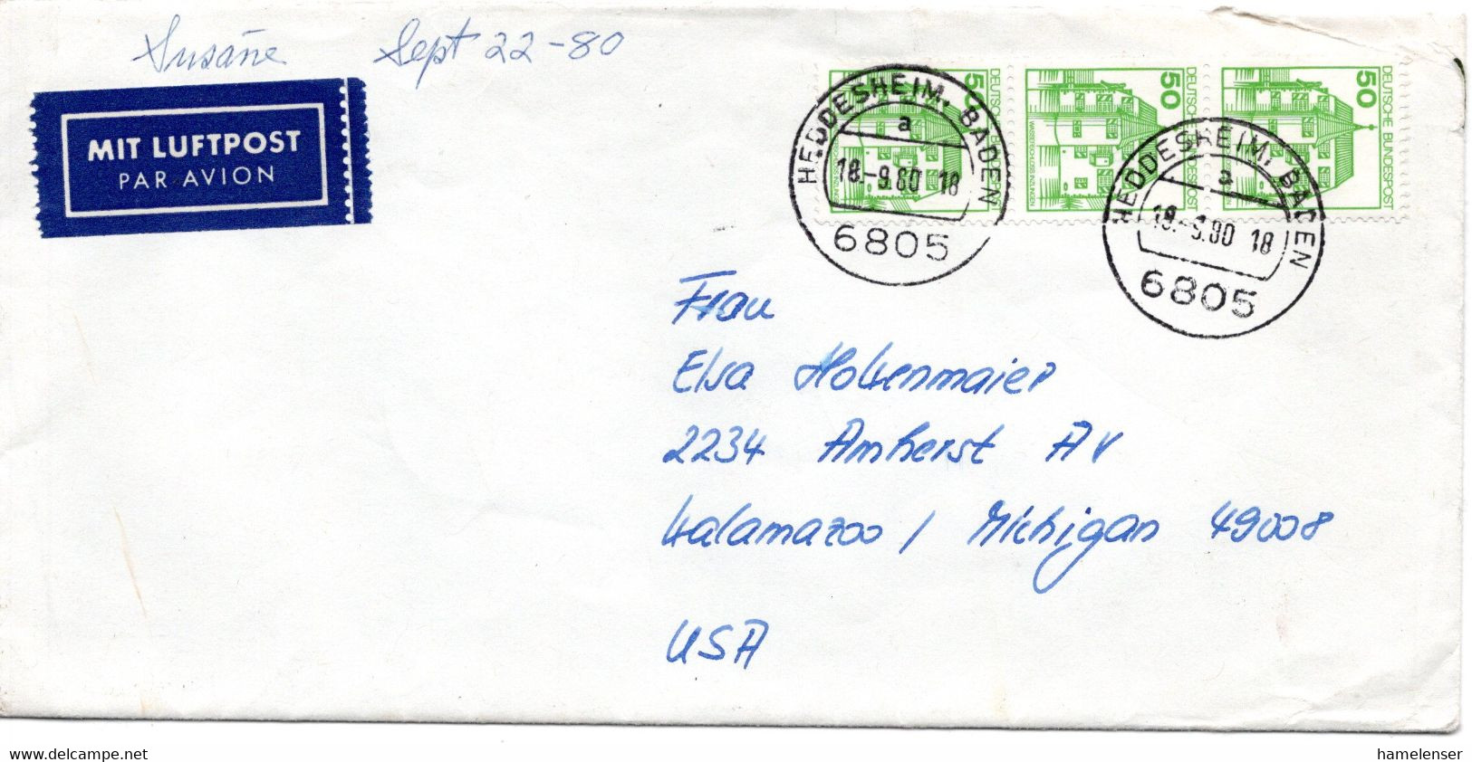 58986 - Bund - 1980 - 3@50Pfg SWK A LpBf HEDDESHEIM -> Kalamazoo, MI (USA) - Covers & Documents