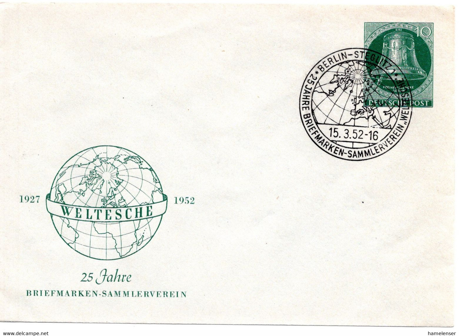 58987 - Berlin - 1952 - 10Pfg Kloeppel Links PGAUmschl "Weltesche" M SoStpl BERLIN - ... WELTESCHE - Briefe U. Dokumente