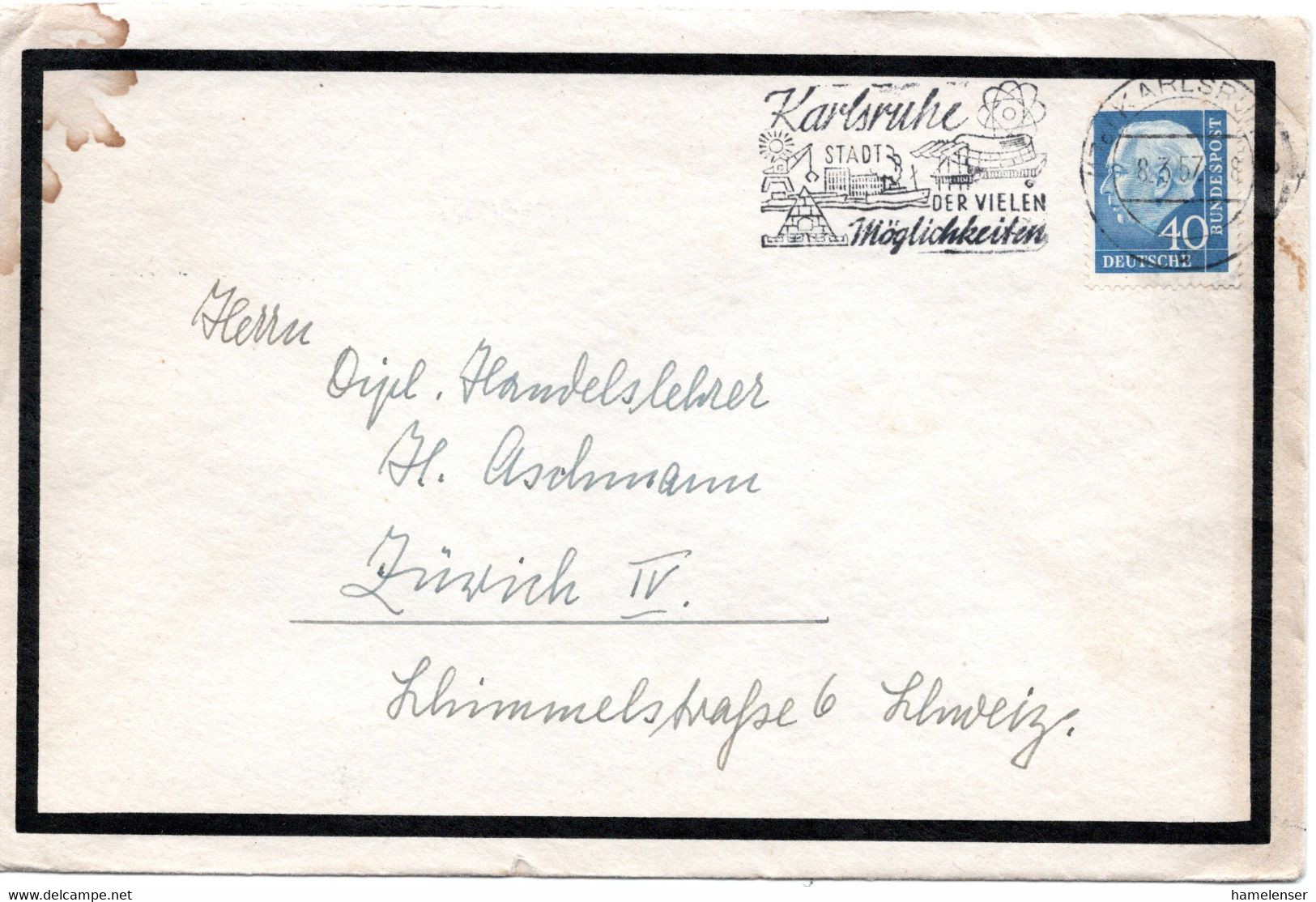 58991 - Bund - 1957 - 40Pfg Heuss II EF A Bf KARLSRUHE - ... -> Schweiz, Klappe Mgl. - Briefe U. Dokumente