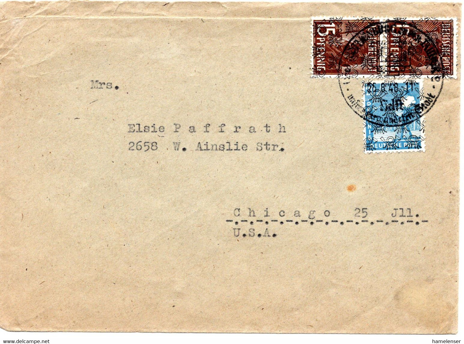 58993 - Bizone - 1948 - 20Pfg Netz MiF A Bf ROTHENBURG -> Chicago, IL (USA) - Sonstige & Ohne Zuordnung
