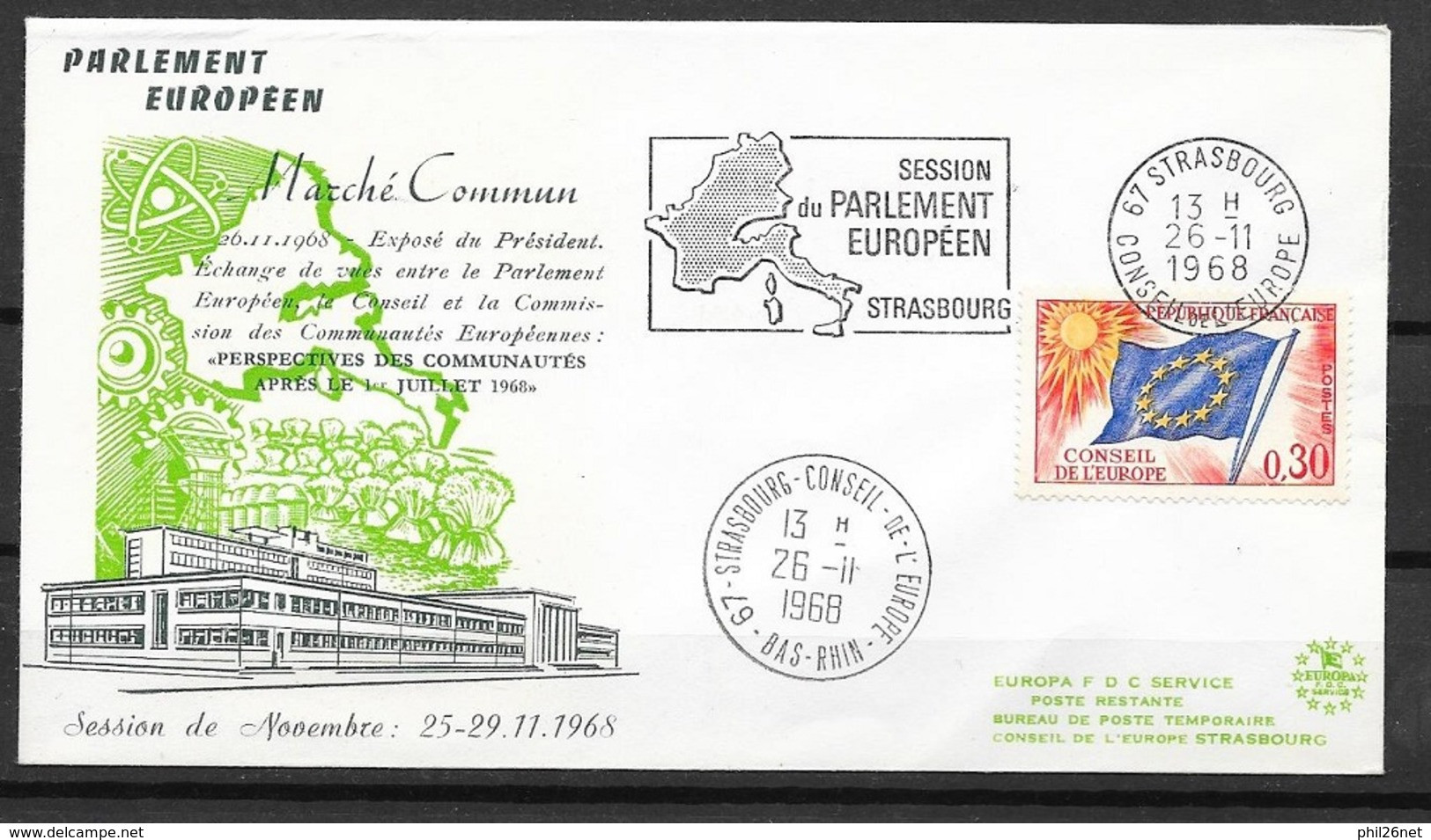 Lettre  Illustrée Strasbourg Le 26/11/1968  Conseil De L'Europe  Session Du Parlement Européen 25-29/11/1968  N°30   TB - Storia Postale