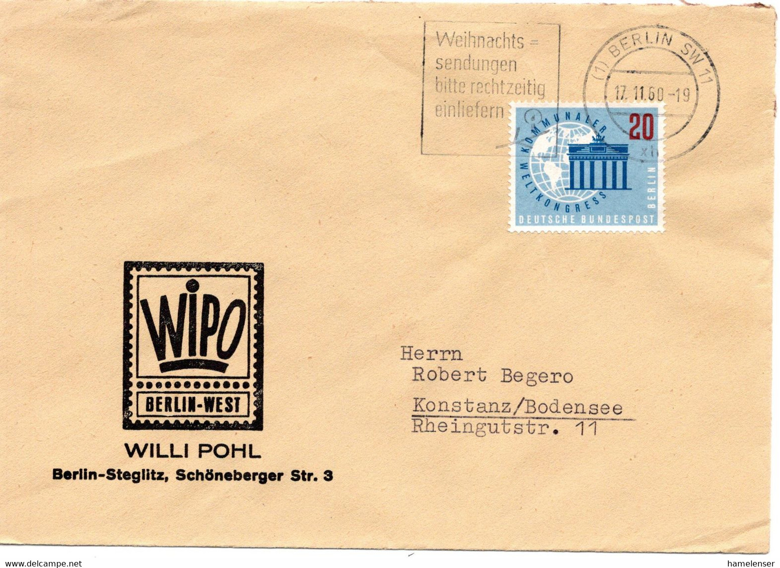 58994 - Berlin - 1960 - 20Pfg Kommunaler Weltkongress EF A Bf BERLIN -> Konstanz - Covers & Documents