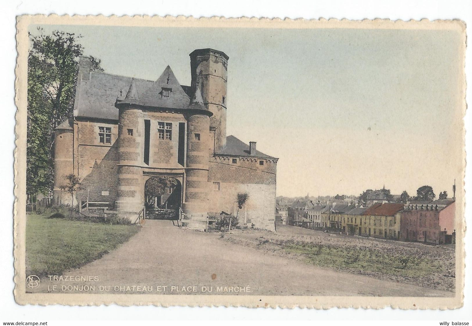 CPA Trazegnies Le Dojon Du Château Et Place Du Marché En Couleur - Courcelles