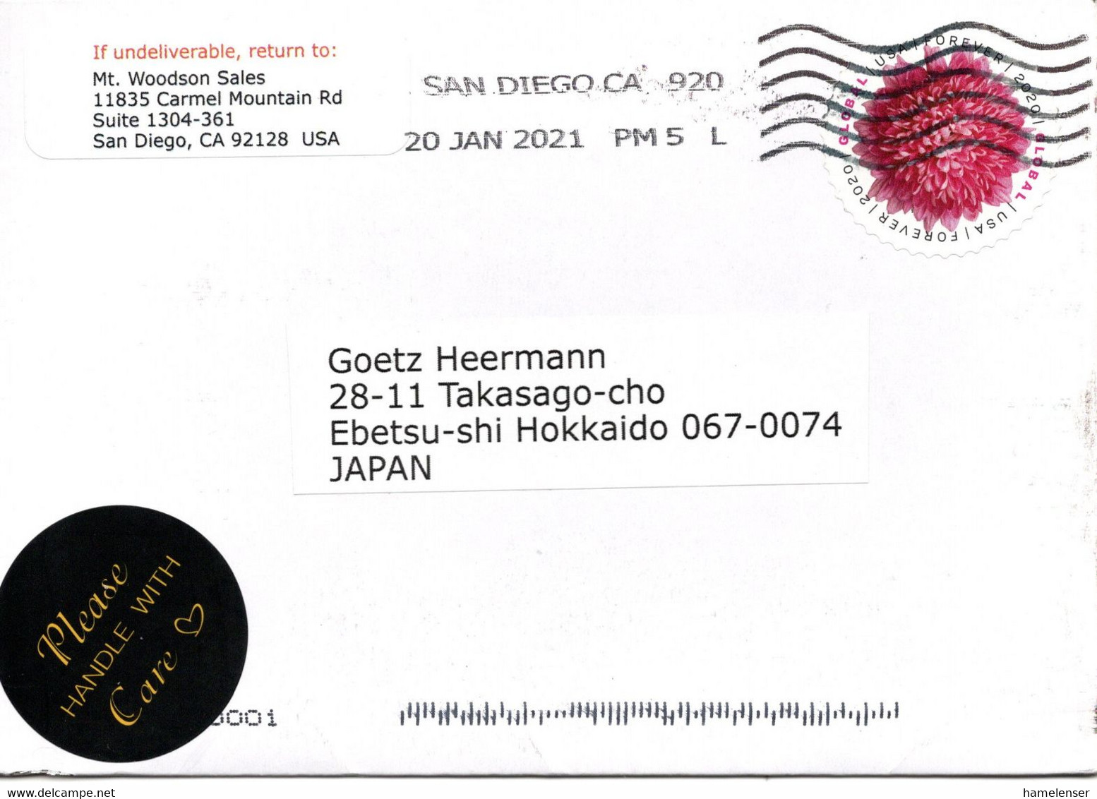 58996 - USA - 2021 - "Forever" '20 EF A Bf SAN DIEGO CA -> Japan - Covers & Documents