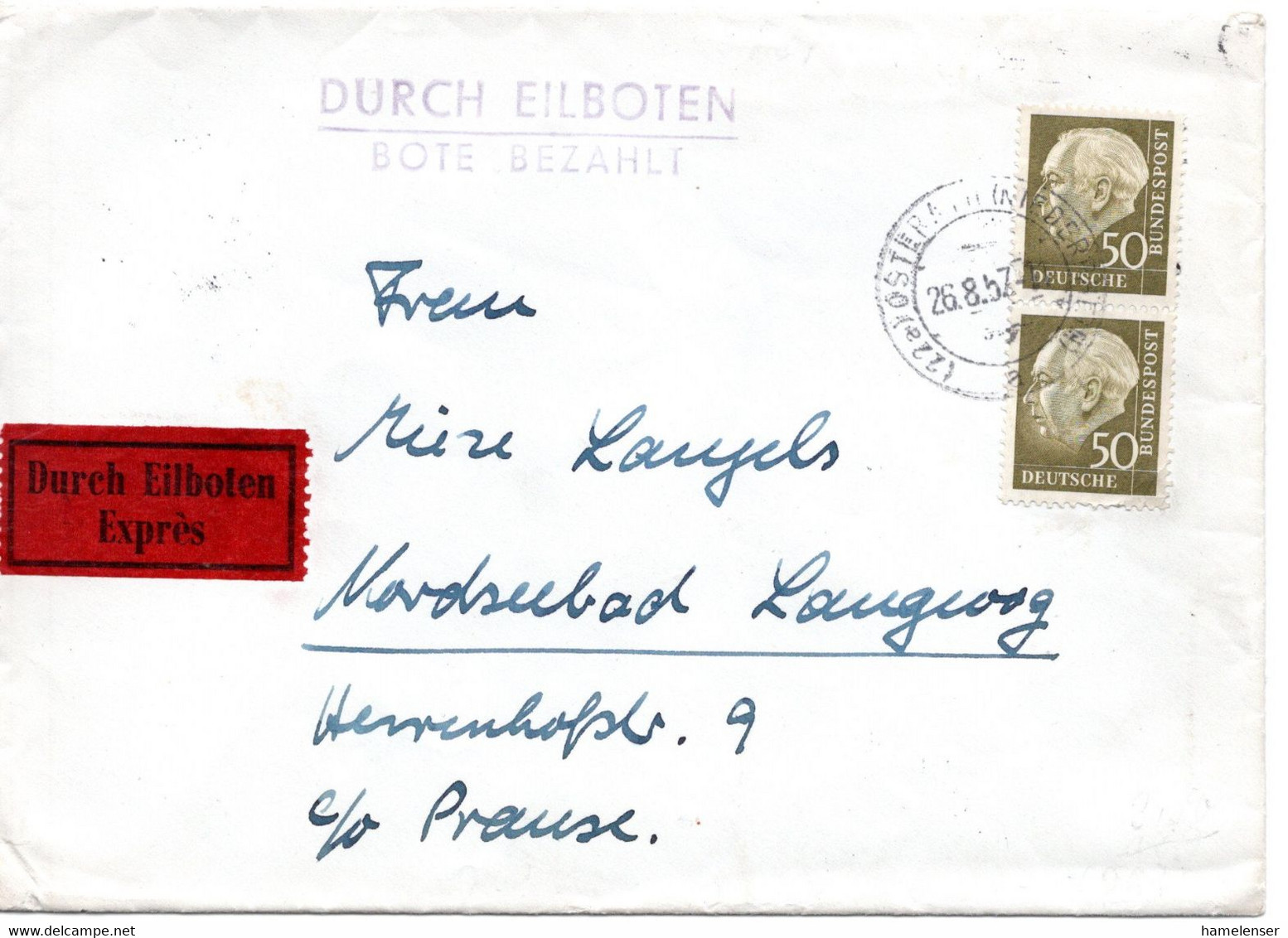 58998 - Bund - 1957 - 50Pfg Heuss II Senkr Paar A EilBf OSTERATH -> LANGEOOG - Cartas & Documentos