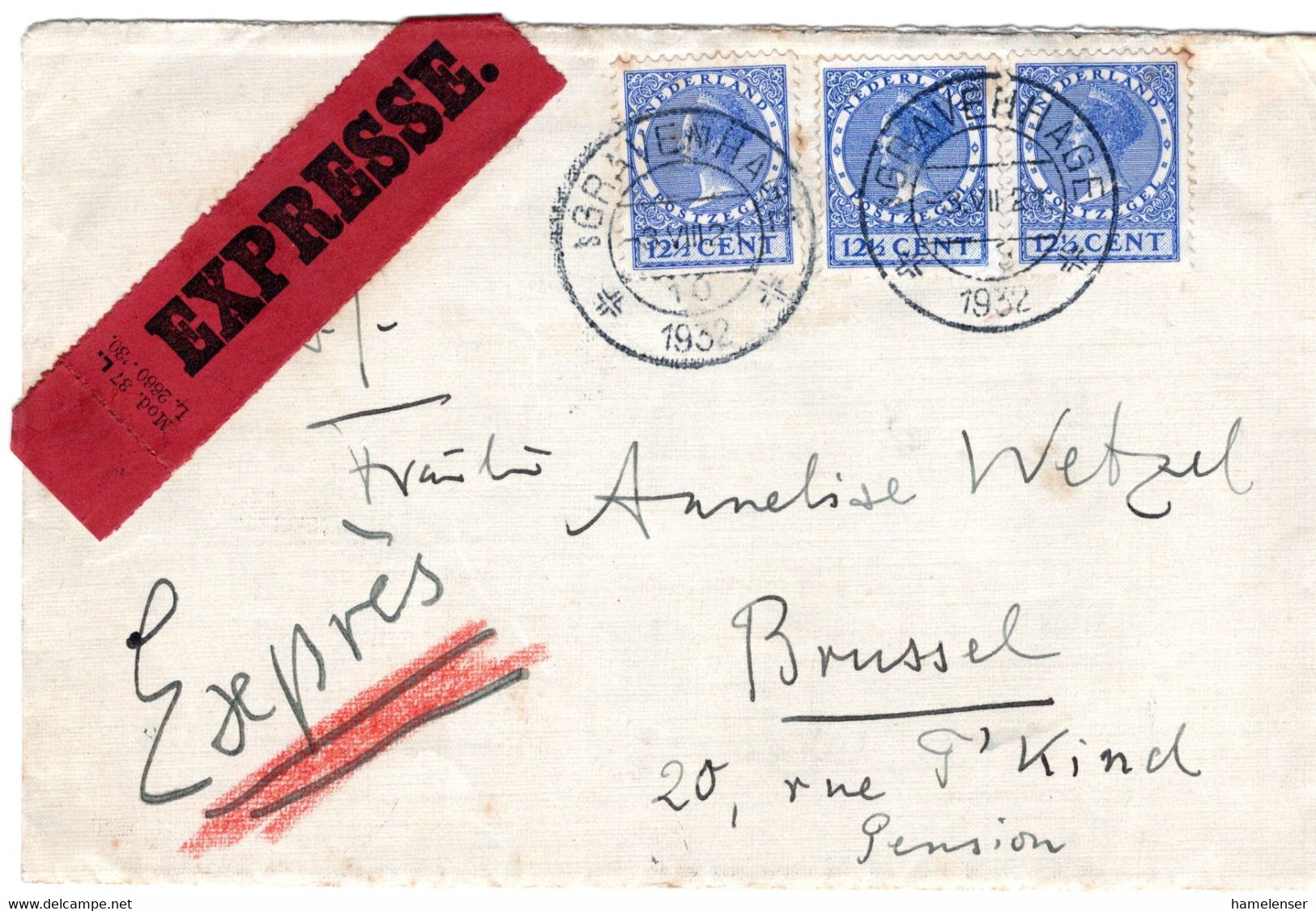 59002 - Niederlande - 1932 - 3@12.5c Wilhelmina A EilBf SGRAVENHAGE -> Belgien - Storia Postale