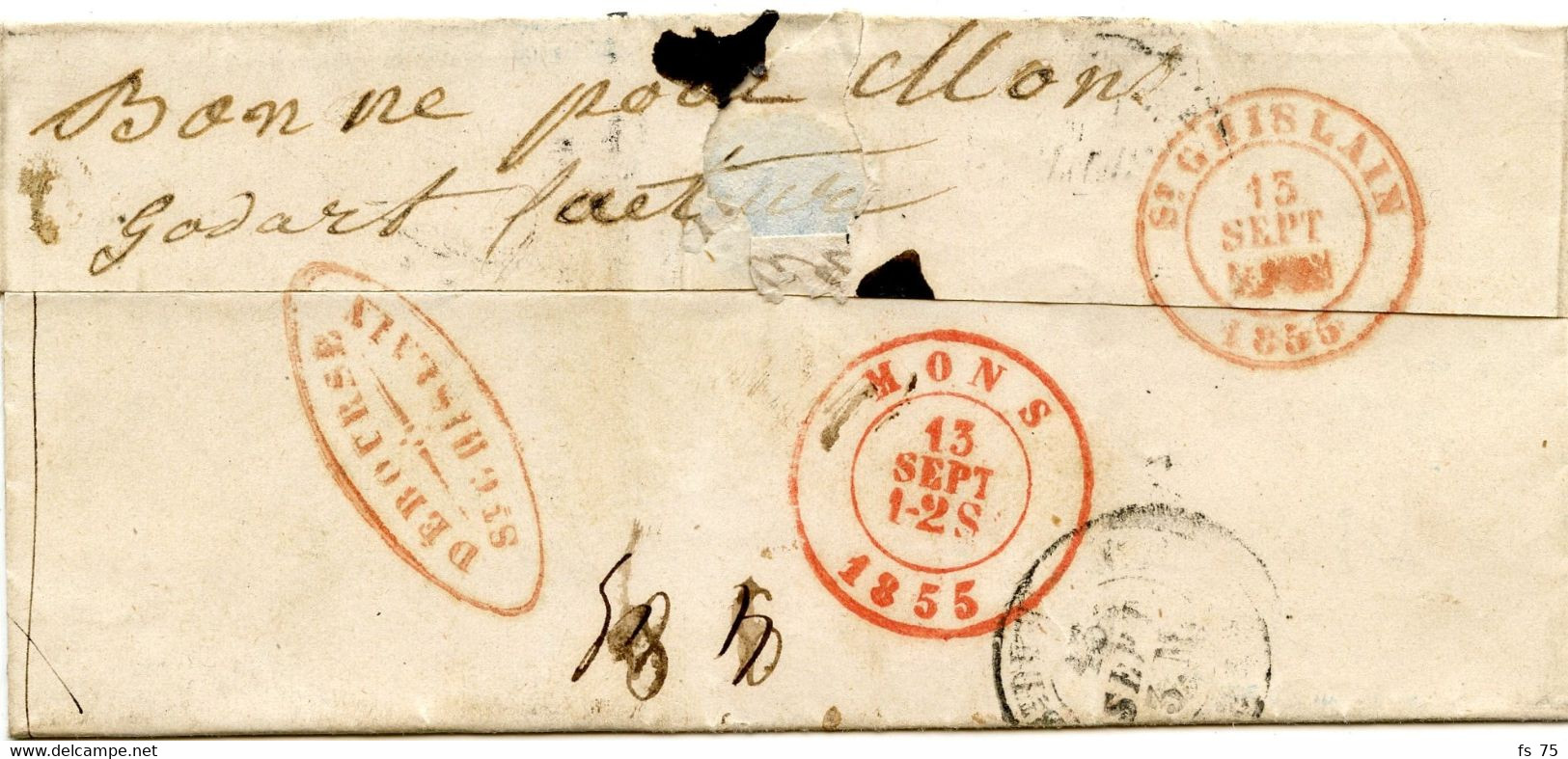 BELGIQUE - DEBOURSE ST GHISLAIN AU VERSO D'UNE LETTRE AVEC TEXTE POUR ST GHISLAIN REEXPEDIEE A MONS, 1856 - Disbursement