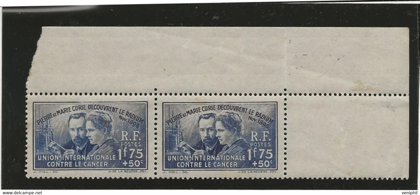 N° 402 PAIRE BORD DE FEUILLE NEUF SANS CHARNIERE (1 Timbre Avec Infime Adherence Classeur°) ANEE 1938 -COTE : 54 € - Unused Stamps