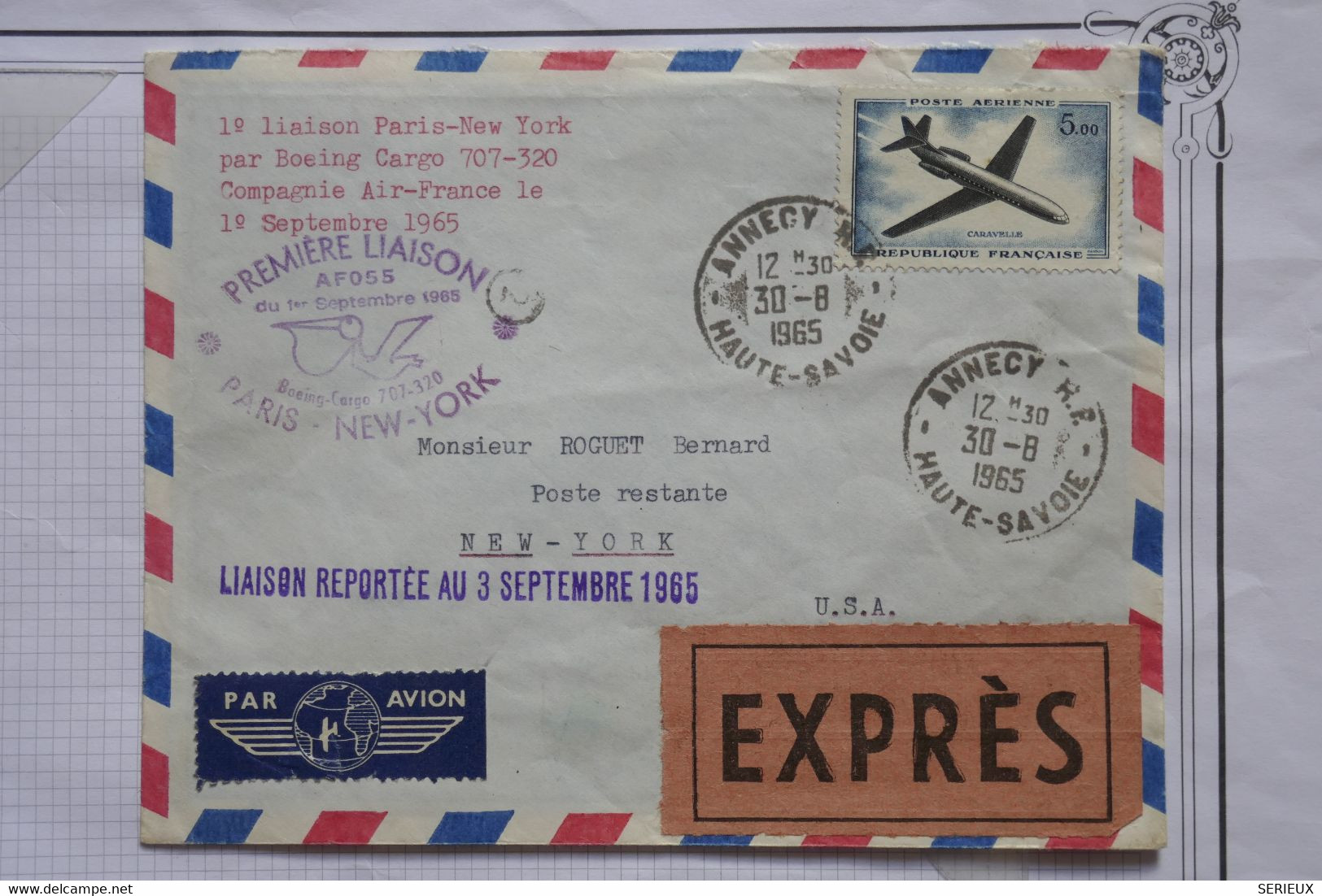 AQ22  FRANCE BELLE LETTRE EXPRESS  RRR 1965 ANNECY ..1ER VOL  PARIS NEW YORK  ++AEROPHILATELIE+ AFFRANCH.PLAISANT - 1960-.... Cartas & Documentos