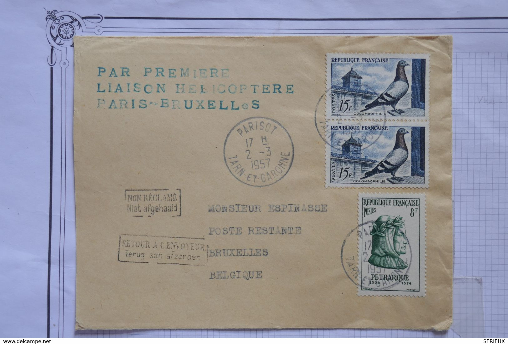 AQ22  FRANCE BELLE LETTR 1957 1ER VOL  HELICO. PARIS BRUXELLES   +PARVENU TROP TARD+PAIRE DE TP ++ AFFRANCH.PLAISANT - 1960-.... Lettres & Documents