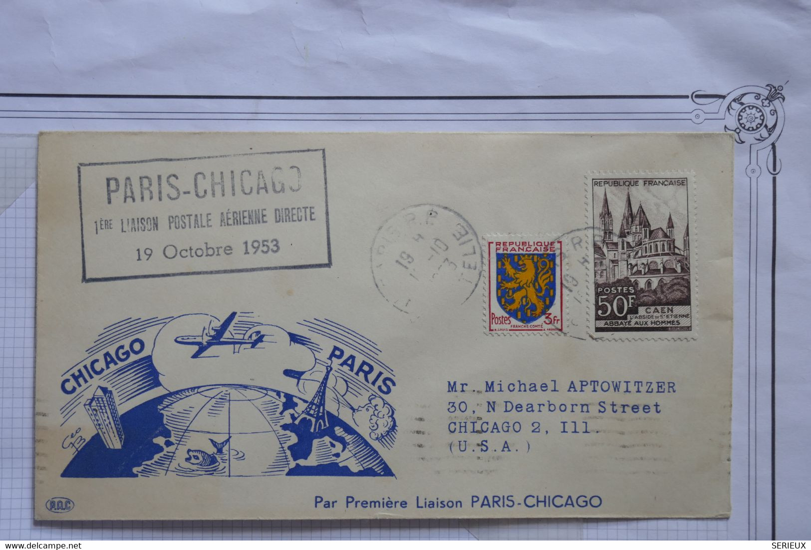 AQ22  FRANCE BELLE LETTR 1953 1ER VOL   PARIS CHICAGO USA ++ AFFRANCH.PLAISANT - 1960-.... Briefe & Dokumente