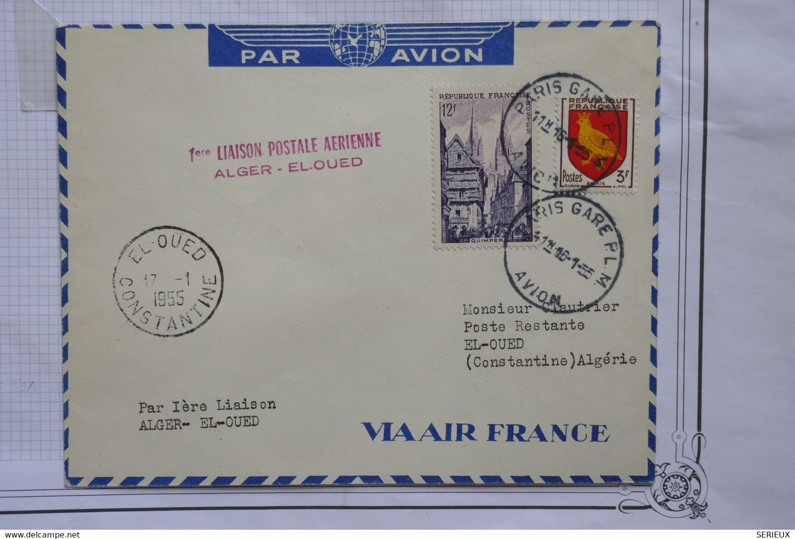 AQ22  ALGERIE  BELLE LETTRE 1955 1ER VOL   ALGER EL OUED DE PARIS ++ AFFRANCH.PLAISANT - Posta Aerea