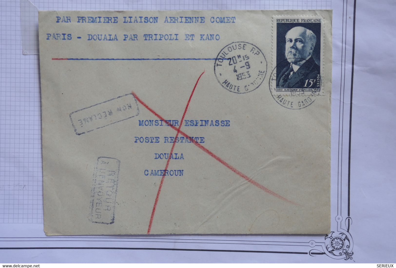 AQ22  ALGERIE  BELLE LETTRE  1953 1ER VOL  PARIS DOUALA+ AFFRANCH.PLAISANT - 1960-.... Covers & Documents